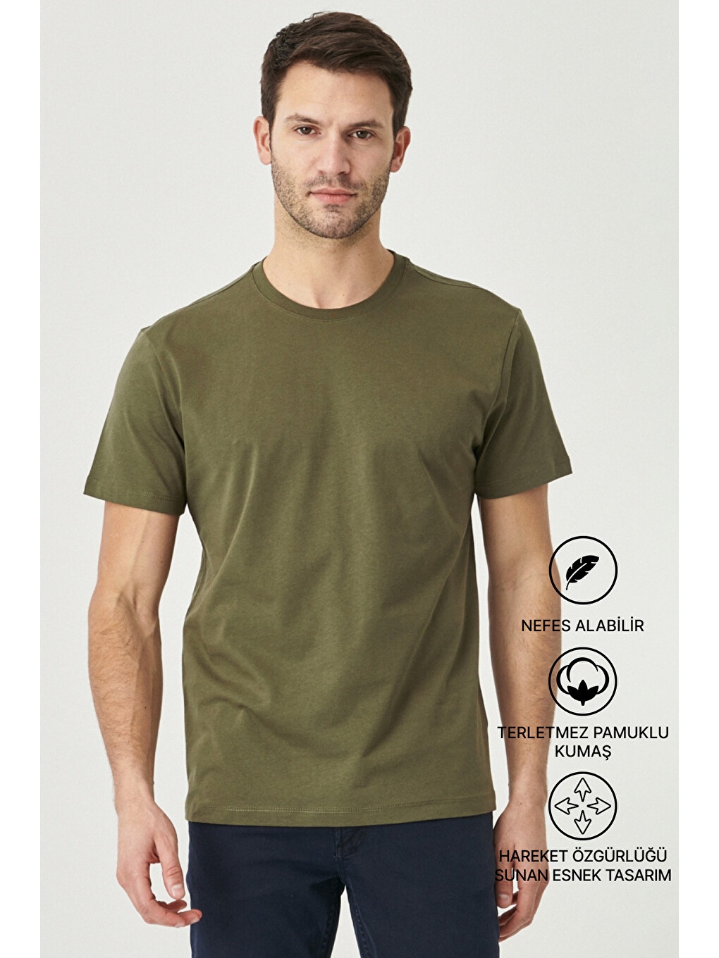 Erkek Haki Slim Fit Dar Kesim %100 Pamuk Bisiklet Yaka Kısa Kollu Tişört-1