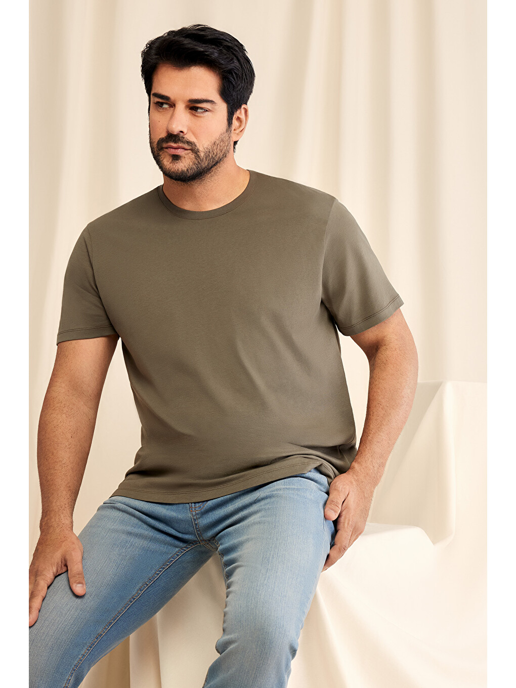 Erkek Haki Slim Fit Dar Kesim %100 Pamuk Bisiklet Yaka Kısa Kollu Tişört-3