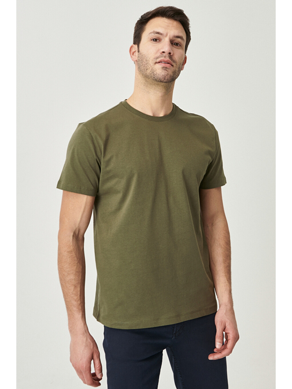 Erkek Haki Slim Fit Dar Kesim %100 Pamuk Bisiklet Yaka Kısa Kollu Tişört-7
