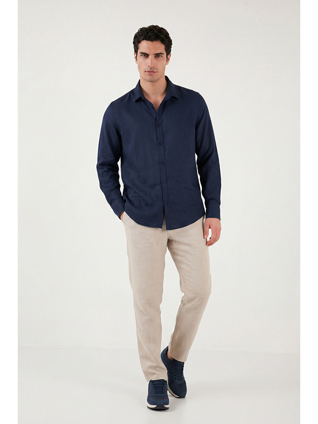 Lacivert Pamuklu Regular Fit Klasik Yaka Uzun Kollu % 100 Keten Gömlek Cf26s1210000-2