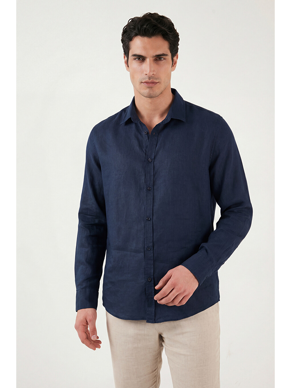 Lacivert Pamuklu Regular Fit Klasik Yaka Uzun Kollu % 100 Keten Gömlek Cf26s1210000-3