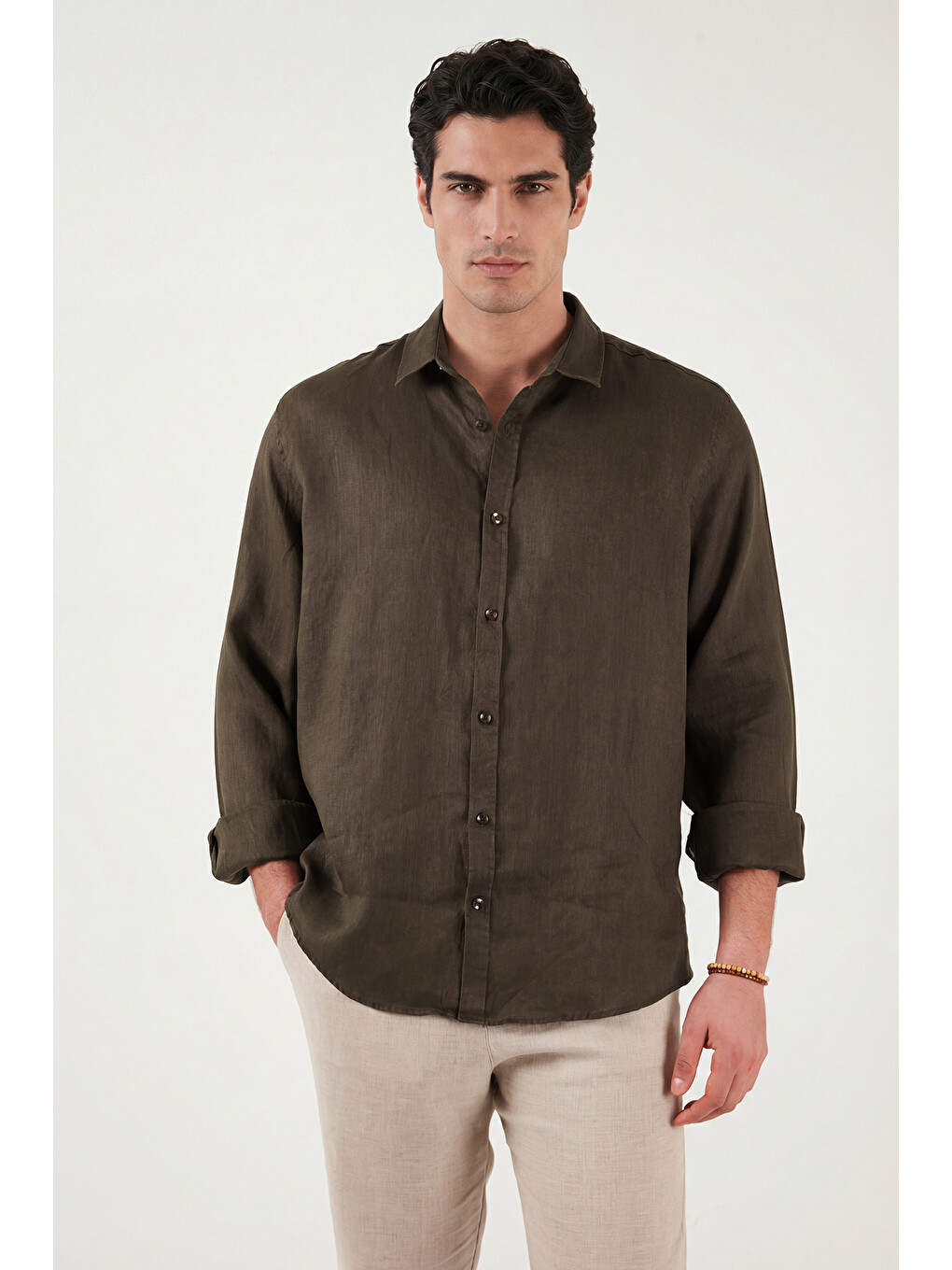Kahverengi Pamuklu Regular Fit Klasik Yaka Uzun Kollu % 100 Keten Gömlek Cf26s1210000-4