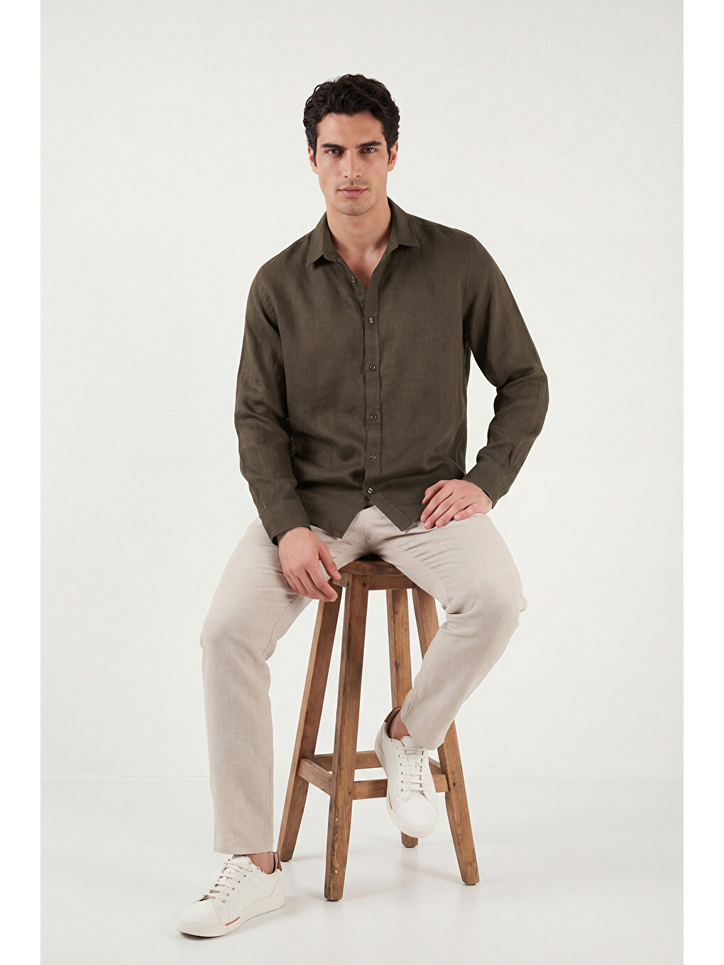 Kahverengi Pamuklu Regular Fit Klasik Yaka Uzun Kollu % 100 Keten Gömlek Cf26s1210000-5
