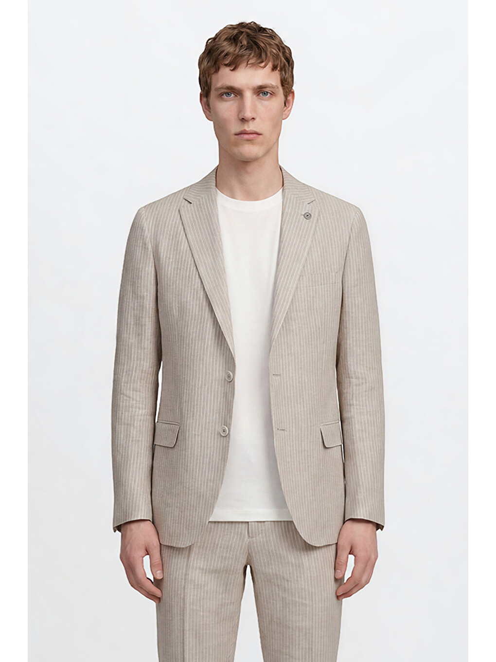 Erkek Bej %100 Keten Ekstra Slim Fit Beli Bağlamalı Kapak Cepli Takım Elbise