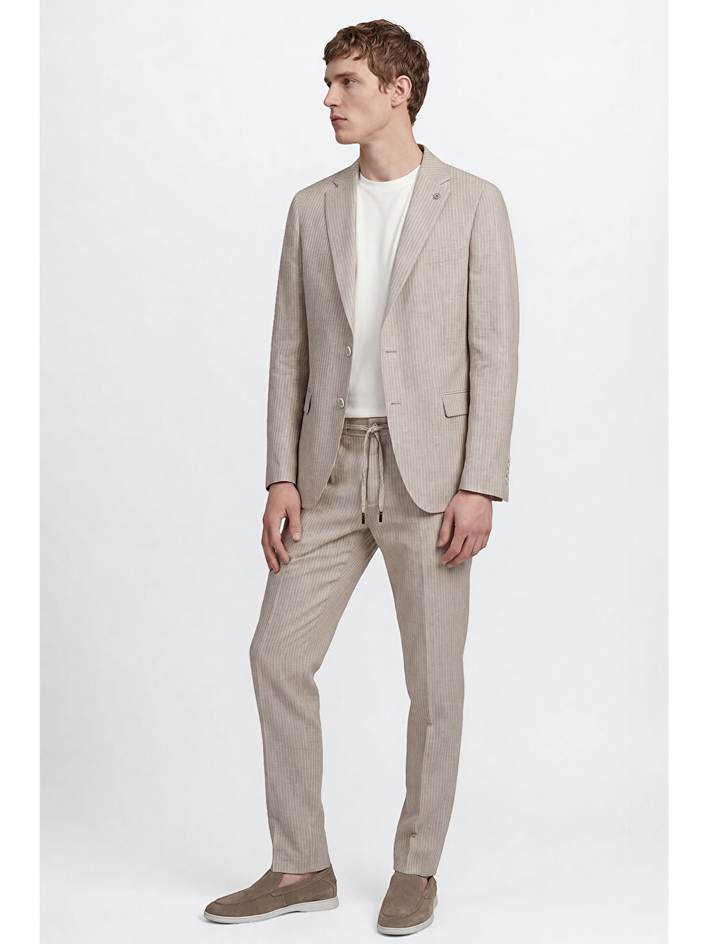 Erkek Bej %100 Keten Ekstra Slim Fit Beli Bağlamalı Kapak Cepli Takım Elbise-1