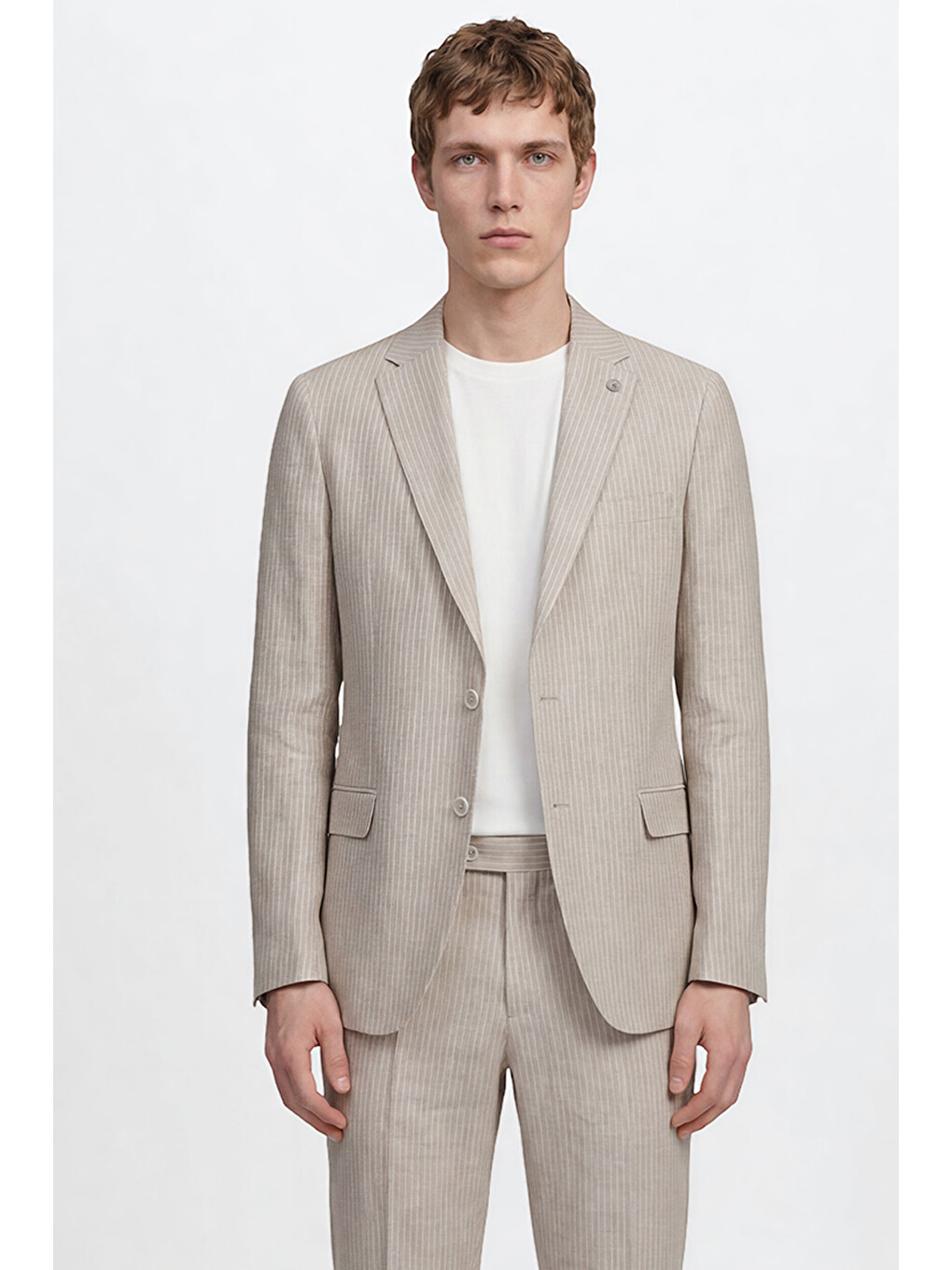 Erkek Bej %100 Keten Ekstra Slim Fit Beli Bağlamalı Kapak Cepli Takım Elbise-3