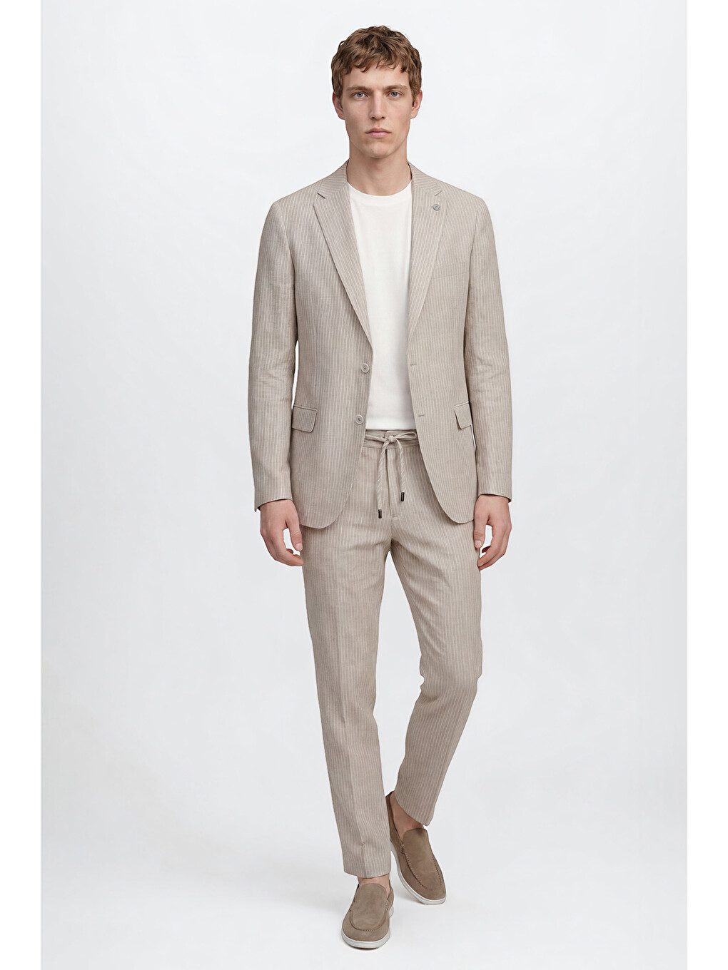 Erkek Bej %100 Keten Ekstra Slim Fit Beli Bağlamalı Kapak Cepli Takım Elbise-4