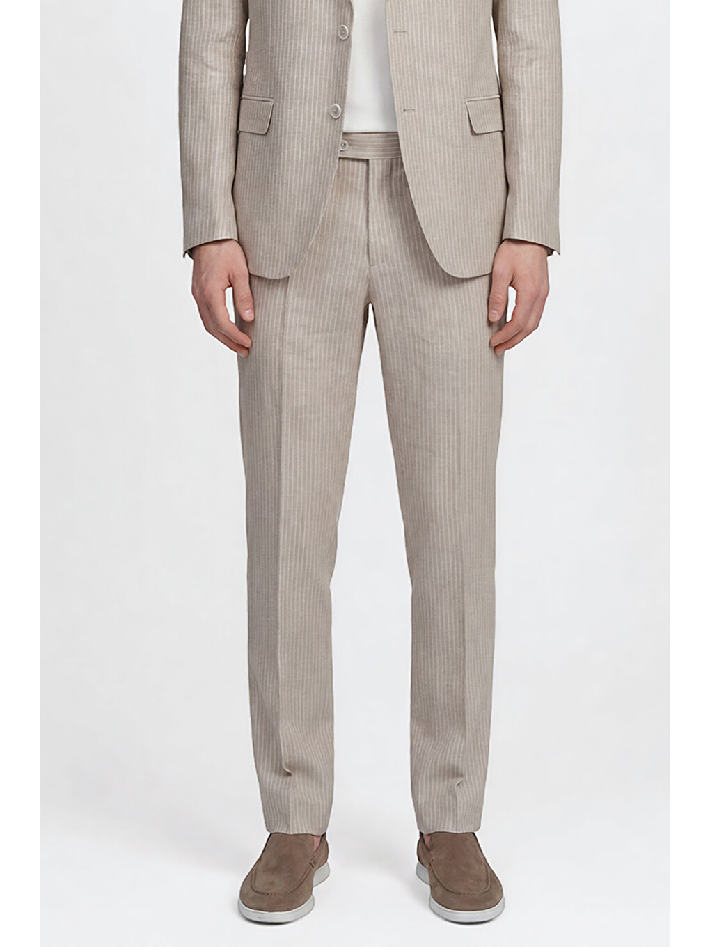 Erkek Bej %100 Keten Ekstra Slim Fit Beli Bağlamalı Kapak Cepli Takım Elbise-5