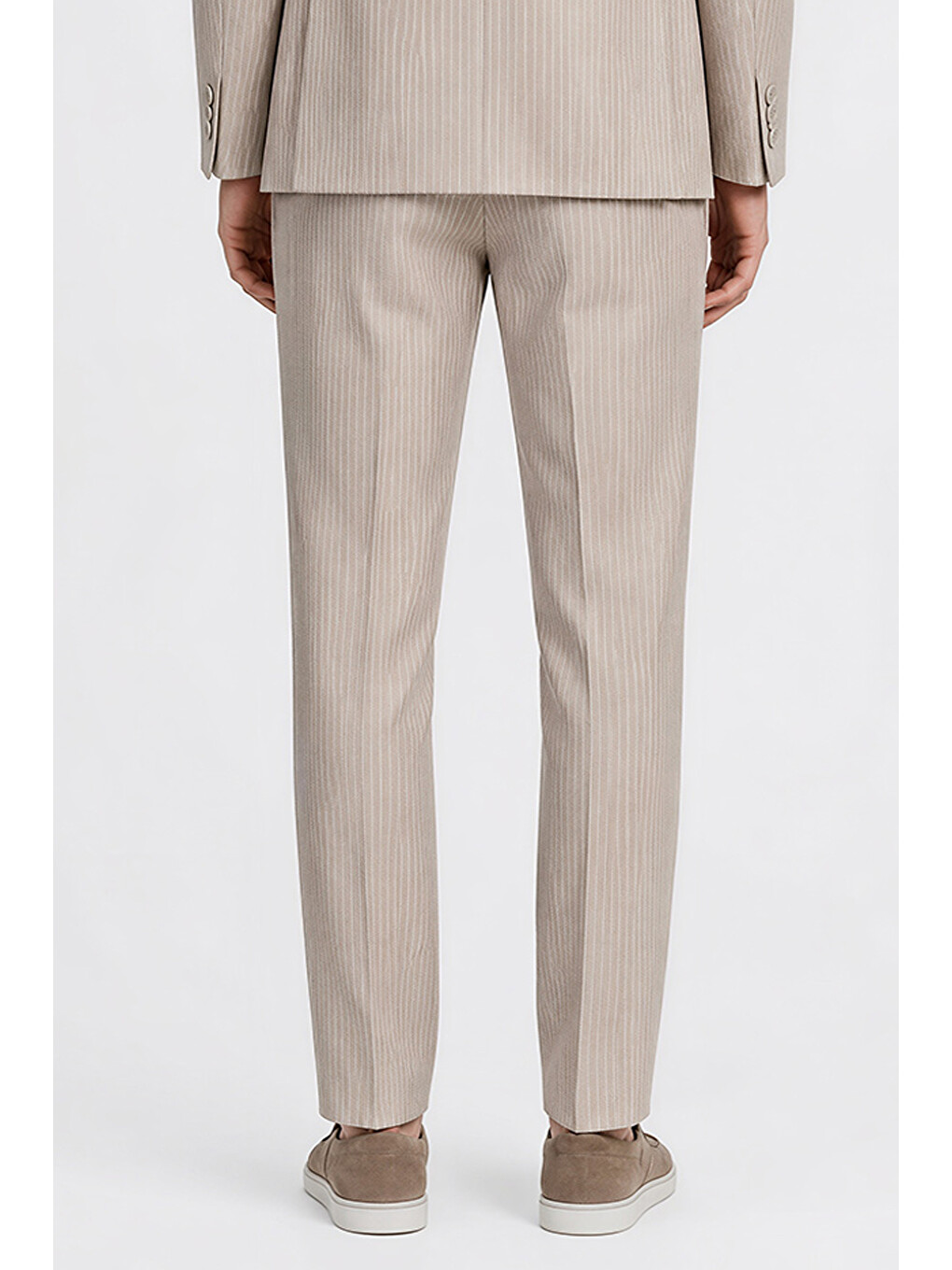 Erkek Bej %100 Keten Ekstra Slim Fit Beli Bağlamalı Kapak Cepli Takım Elbise-6