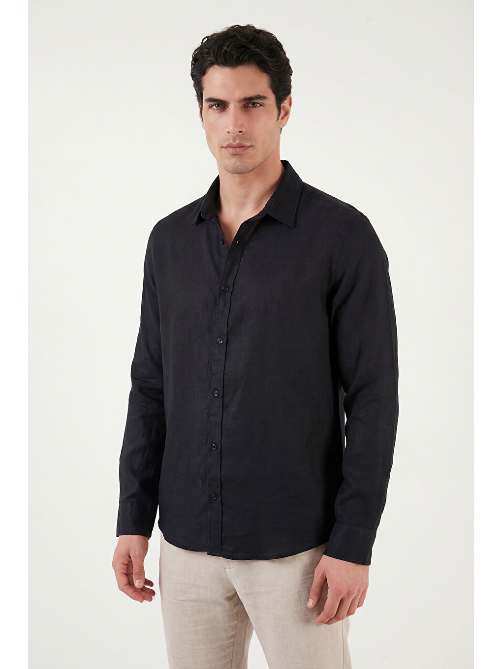 Siyah Pamuklu Regular Fit Klasik Yaka Uzun Kollu % 100 Keten Gömlek Cf26s1210000-2