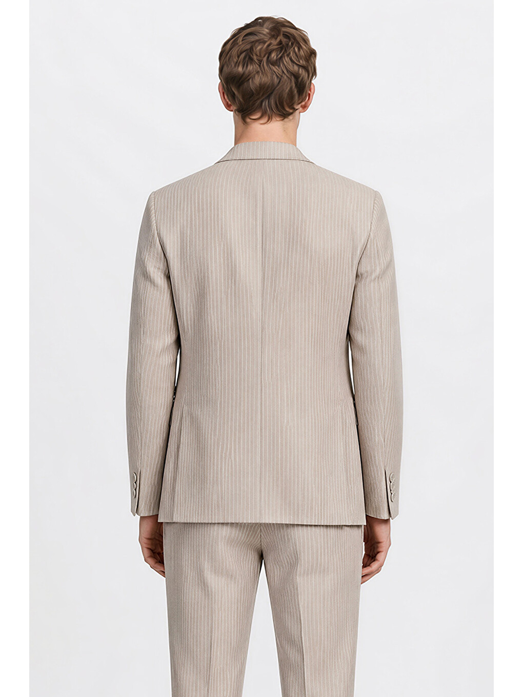 Erkek Bej %100 Keten Ekstra Slim Fit Beli Bağlamalı Kapak Cepli Takım Elbise-7