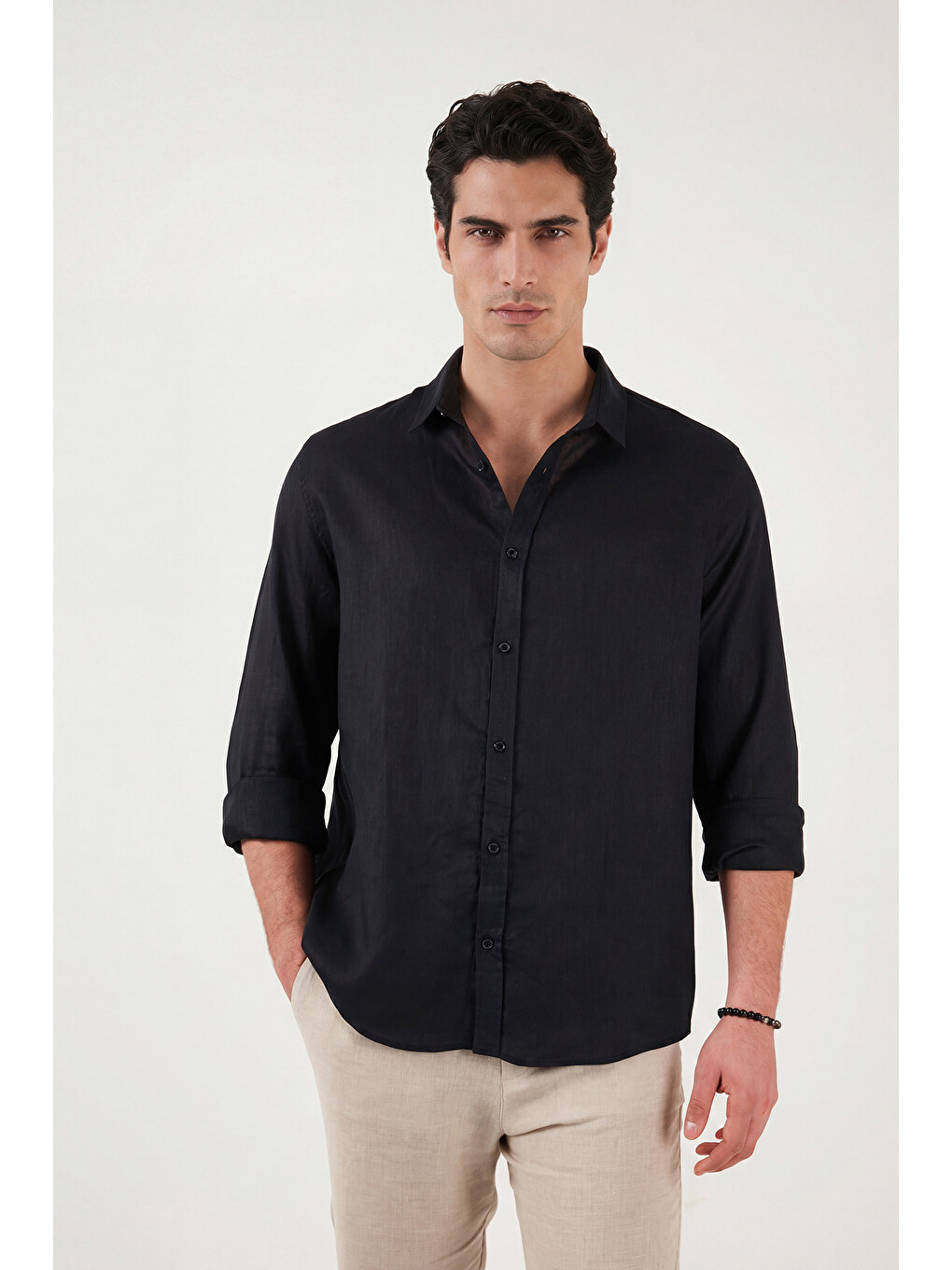 Siyah Pamuklu Regular Fit Klasik Yaka Uzun Kollu % 100 Keten Gömlek Cf26s1210000-3