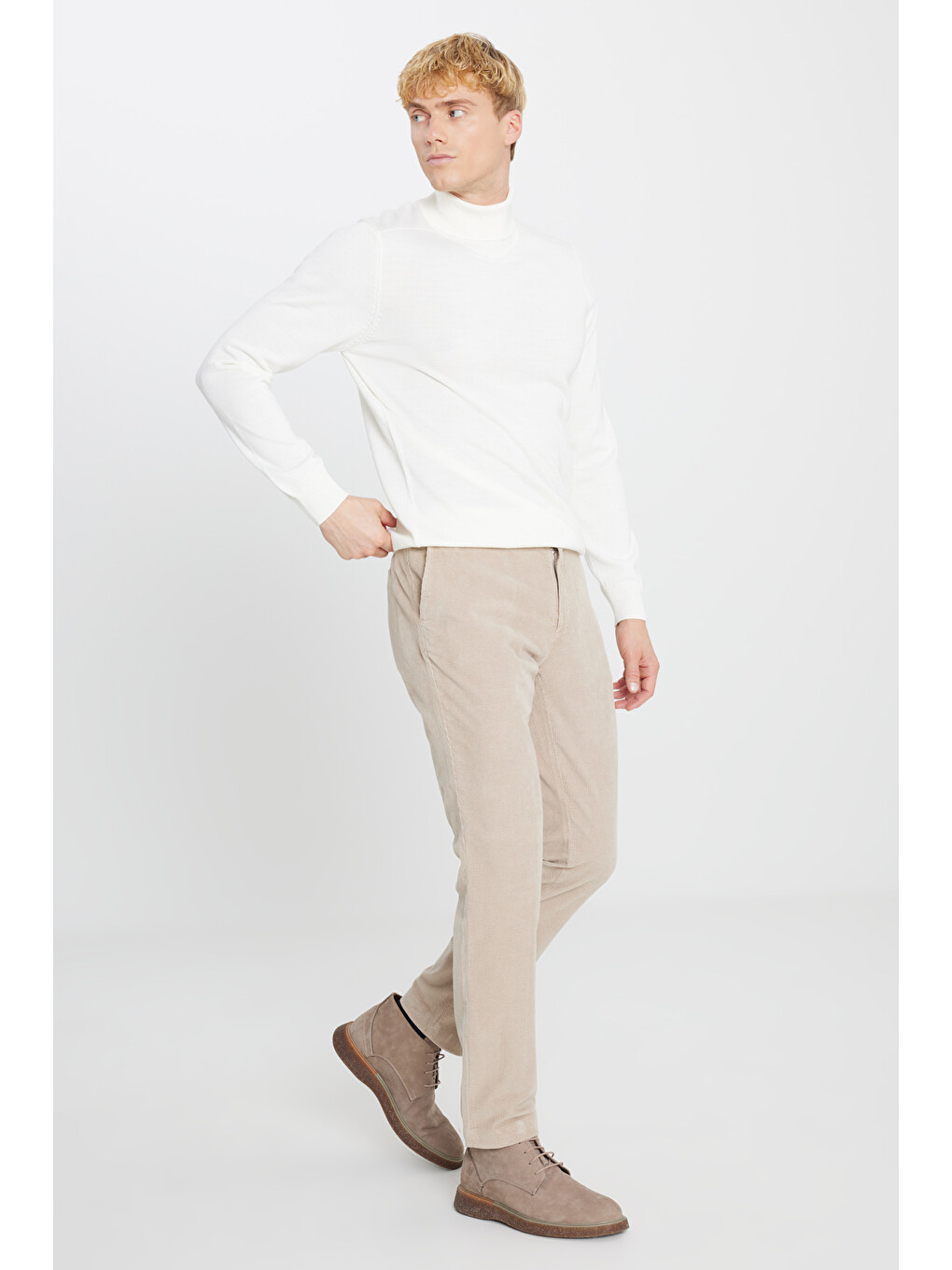 Erkek Bej Slim Fit Dar Kesim Kadife Beli Bağlamalı Yan Cep Esnek Pantolon-2