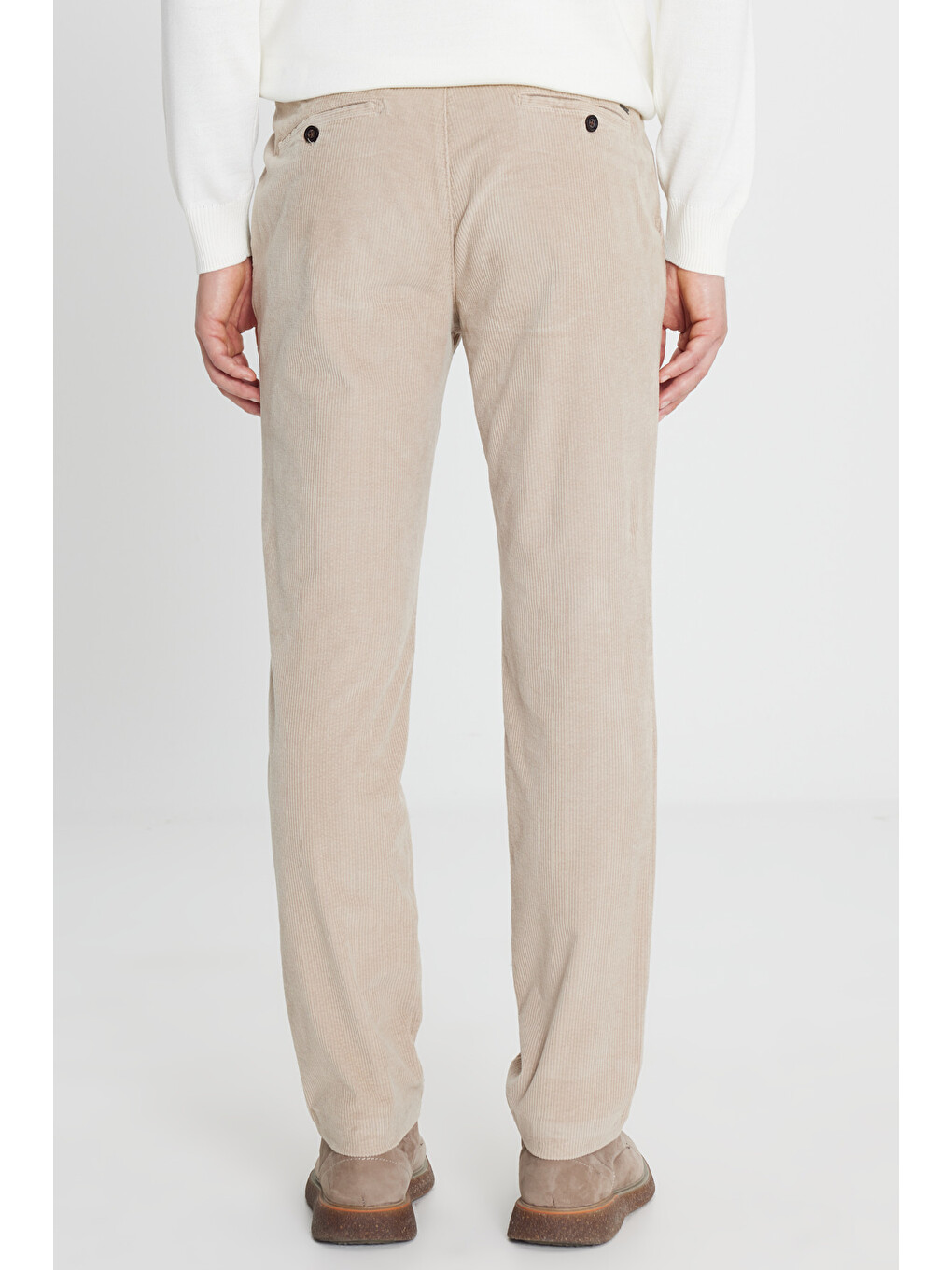 Erkek Bej Slim Fit Dar Kesim Kadife Beli Bağlamalı Yan Cep Esnek Pantolon-4