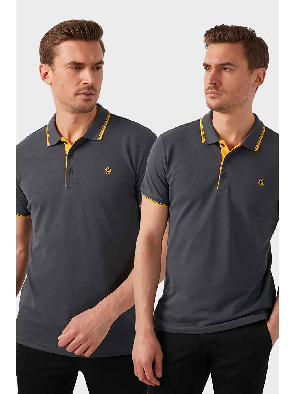 Antrasit Pamuklu Slim Fit Düğmeli 2'li Paket Polo Yaka T Shirt 5902118s2