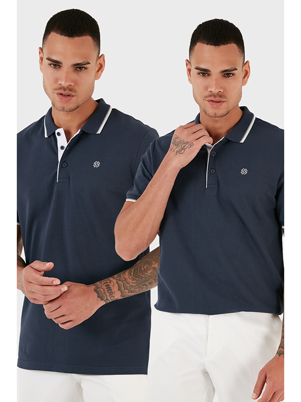 Lacivert Pamuklu Slim Fit Düğmeli 2'li Paket Polo Yaka T Shirt 5902118s2