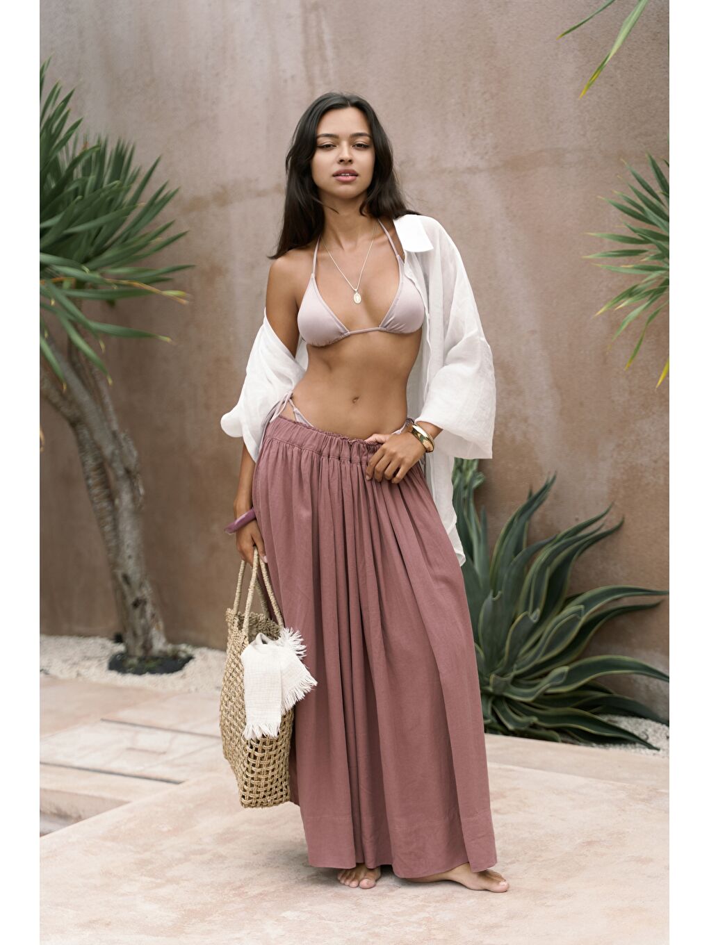 Gabbiano Bağcıklı Pileli Açık Bordo Keten Etek-1