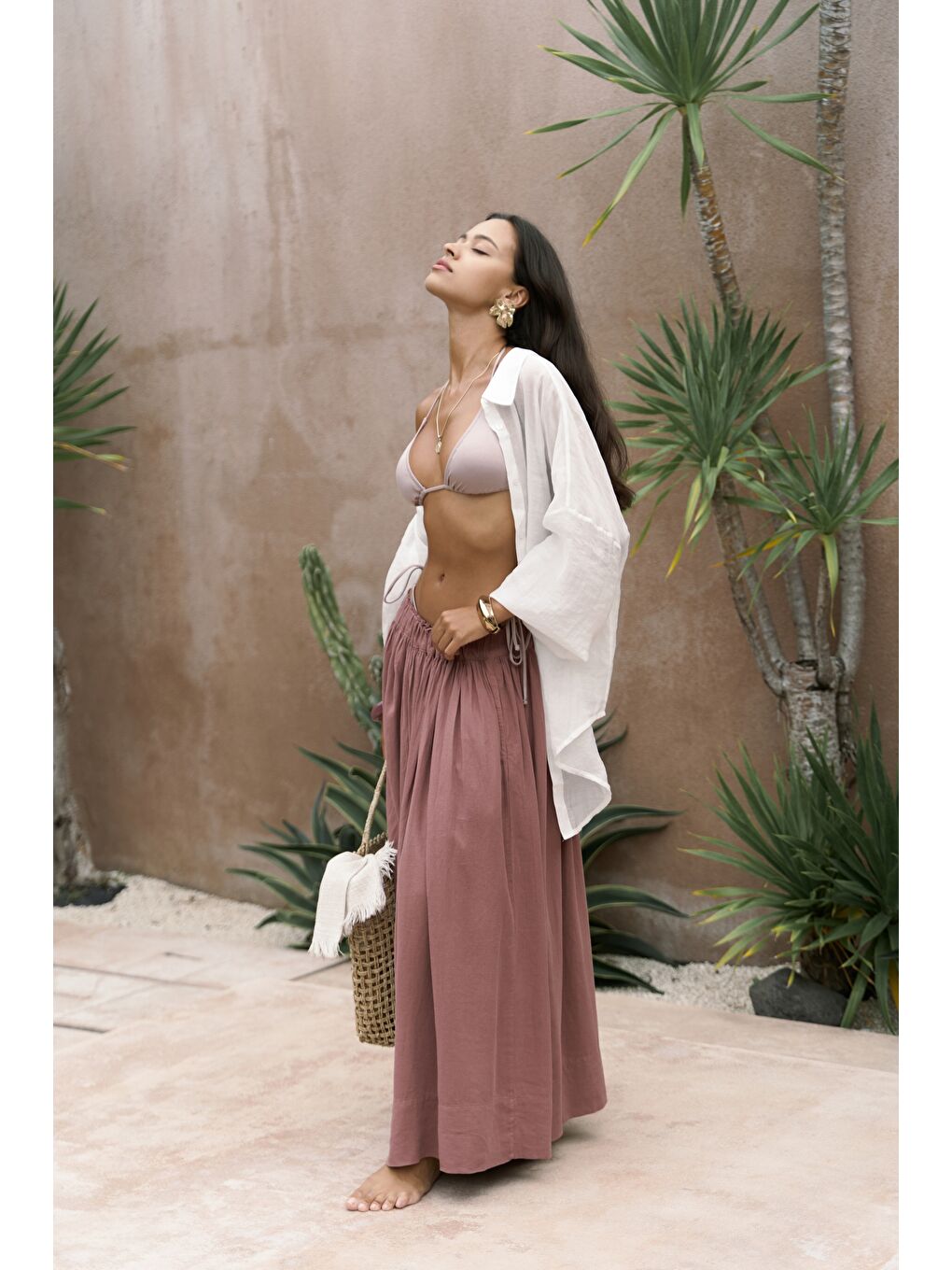 Gabbiano Bağcıklı Pileli Açık Bordo Keten Etek-3