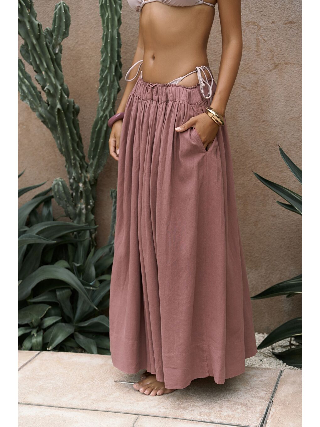 Gabbiano Bağcıklı Pileli Açık Bordo Keten Etek-4