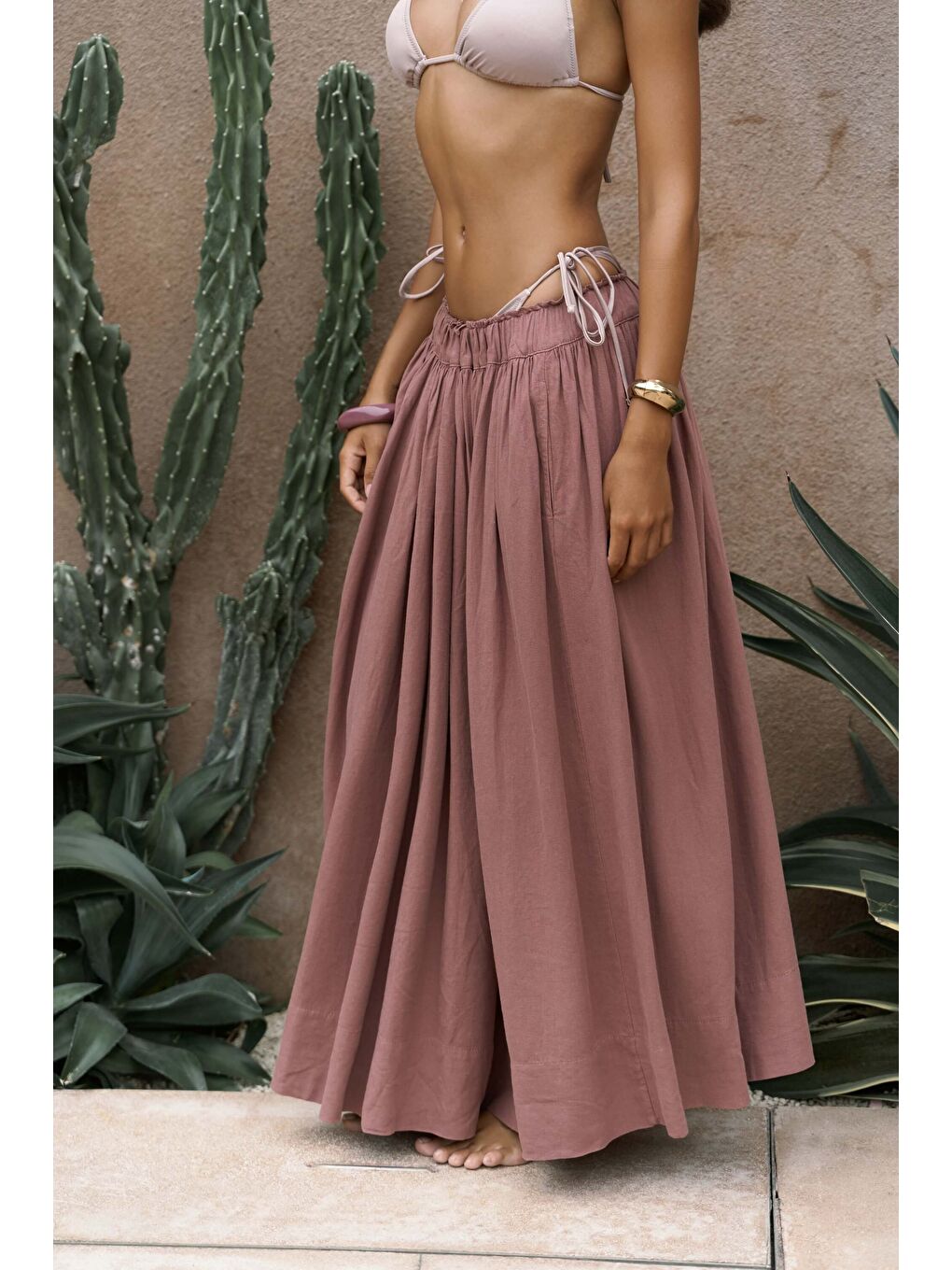 Gabbiano Bağcıklı Pileli Açık Bordo Keten Etek-6