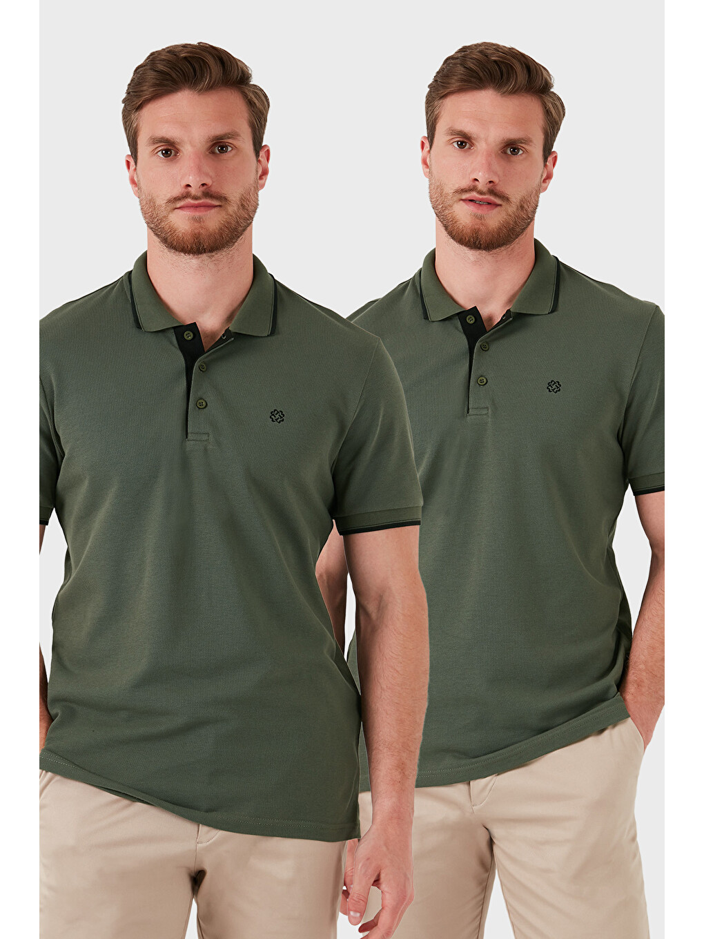 Haki Pamuklu Slim Fit Düğmeli 2'li Paket Polo Yaka T Shirt 5902118s2