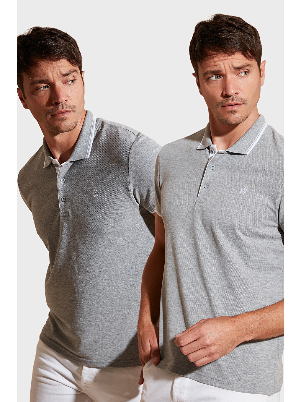 Gri Pamuklu Slim Fit Düğmeli 2'li Paket Polo Yaka T Shirt 5902118s2