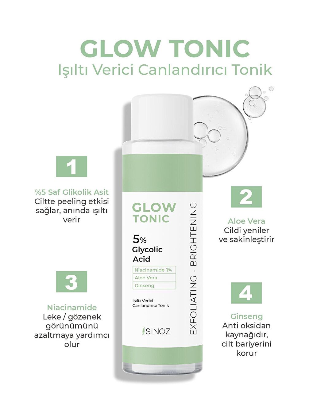 Sinoz Şeffaf Gözenek Sıkılaştırıcı Arındırıcı Canlandırıcı Peeling Etkili Glow Tonik Glycolic Acid %5 200 ml - 1