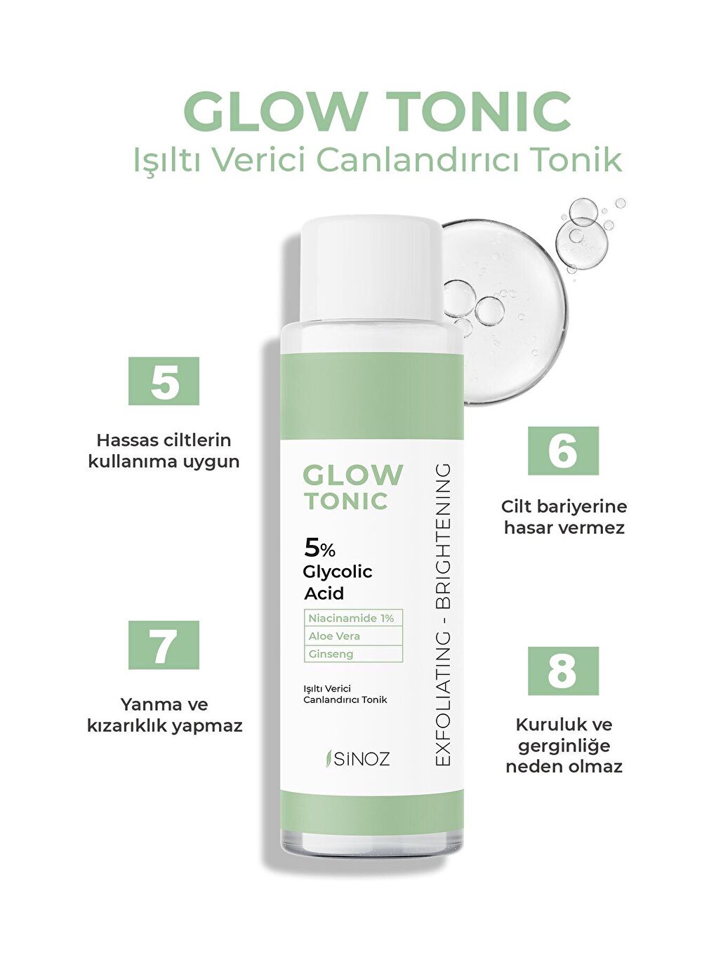 Sinoz Şeffaf Gözenek Sıkılaştırıcı Arındırıcı Canlandırıcı Peeling Etkili Glow Tonik Glycolic Acid %5 200 ml - 2