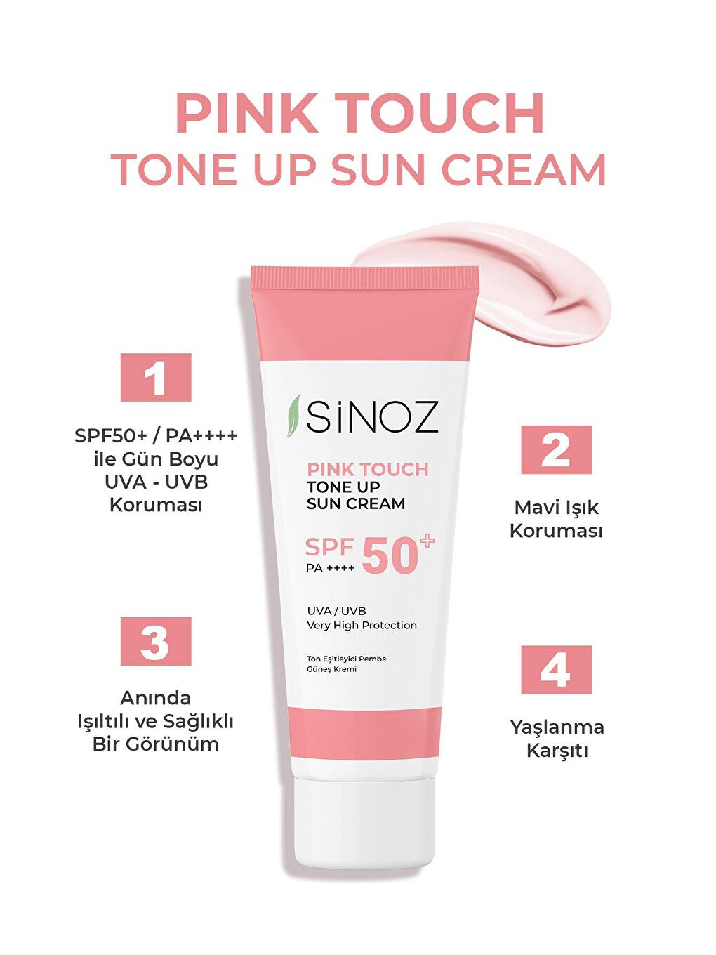 Sinoz Pembe Pink Touch SPF 50+ Ton Eşitleyici Pembe Yüz Güneş Kremi 50 ml Tüm Ciltler İçin - 1