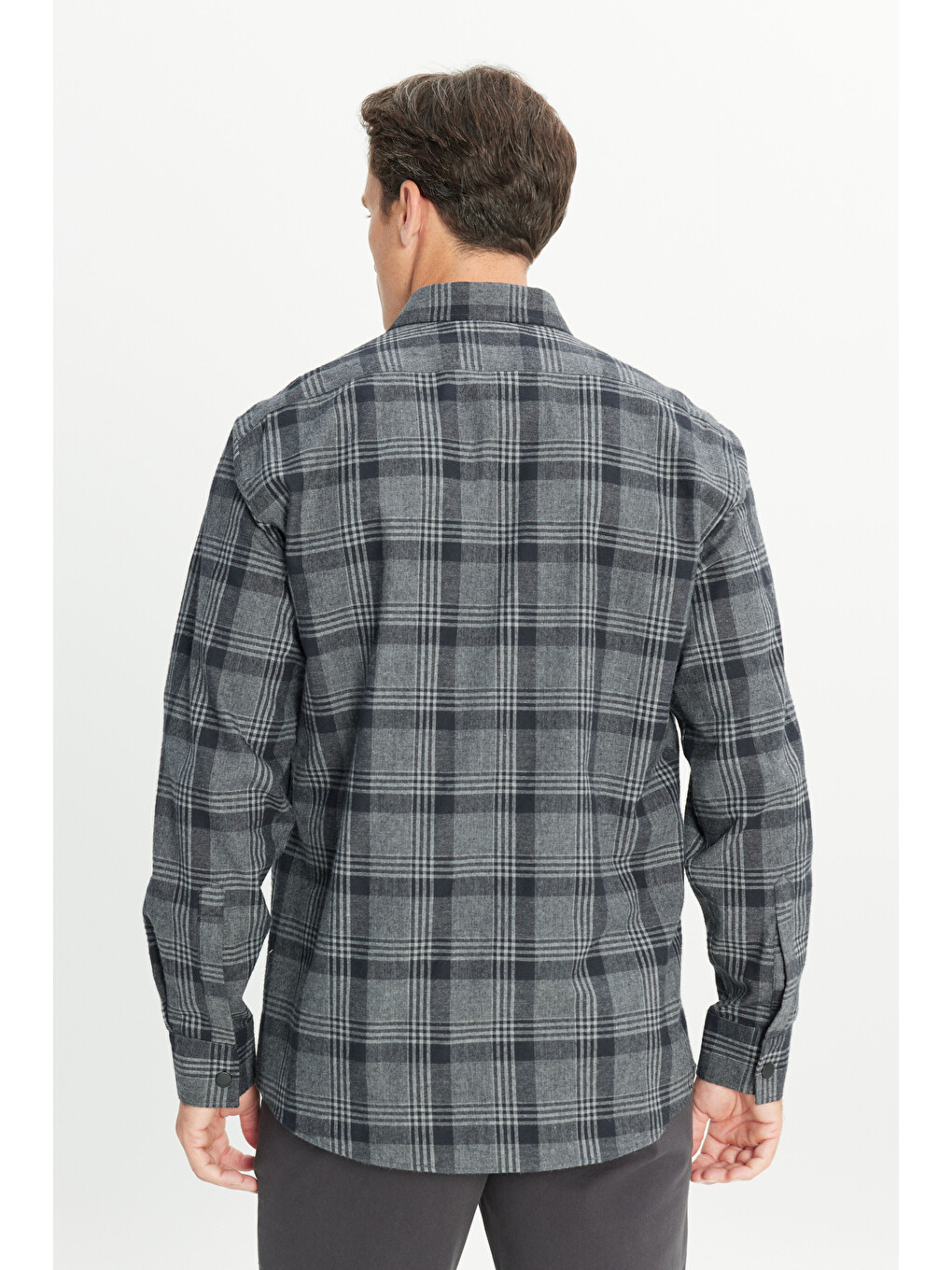 Erkek Antrasit Pamuklu Flanel Comfort Fit Rahat Kesim Klasik Yaka Ekose Desenli Gömlek-4