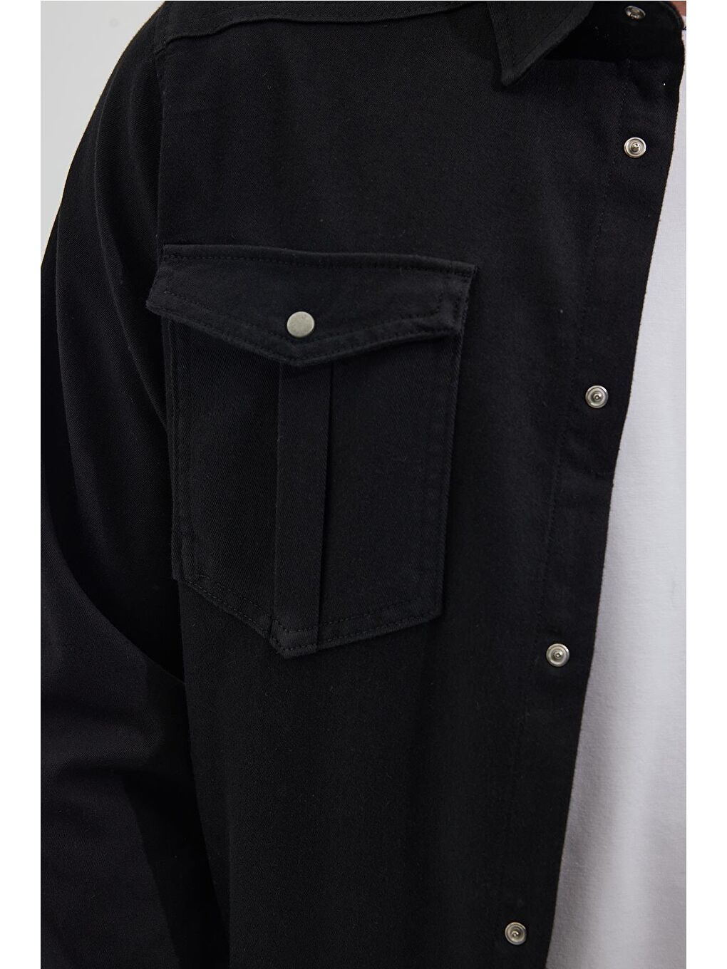 Slim Fit Uzun Kollu Dar Kesim Denim Jean Çift Cepli Spor Yaka Erkek Siyah %100 Pamuk Gömlek-2