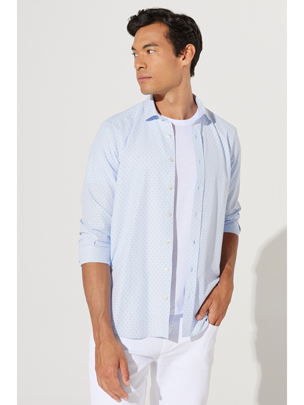 Erkek Mavi-lacivert Slim Fit Dar Kesim İtalyan Yaka Baskılı Gömlek-4