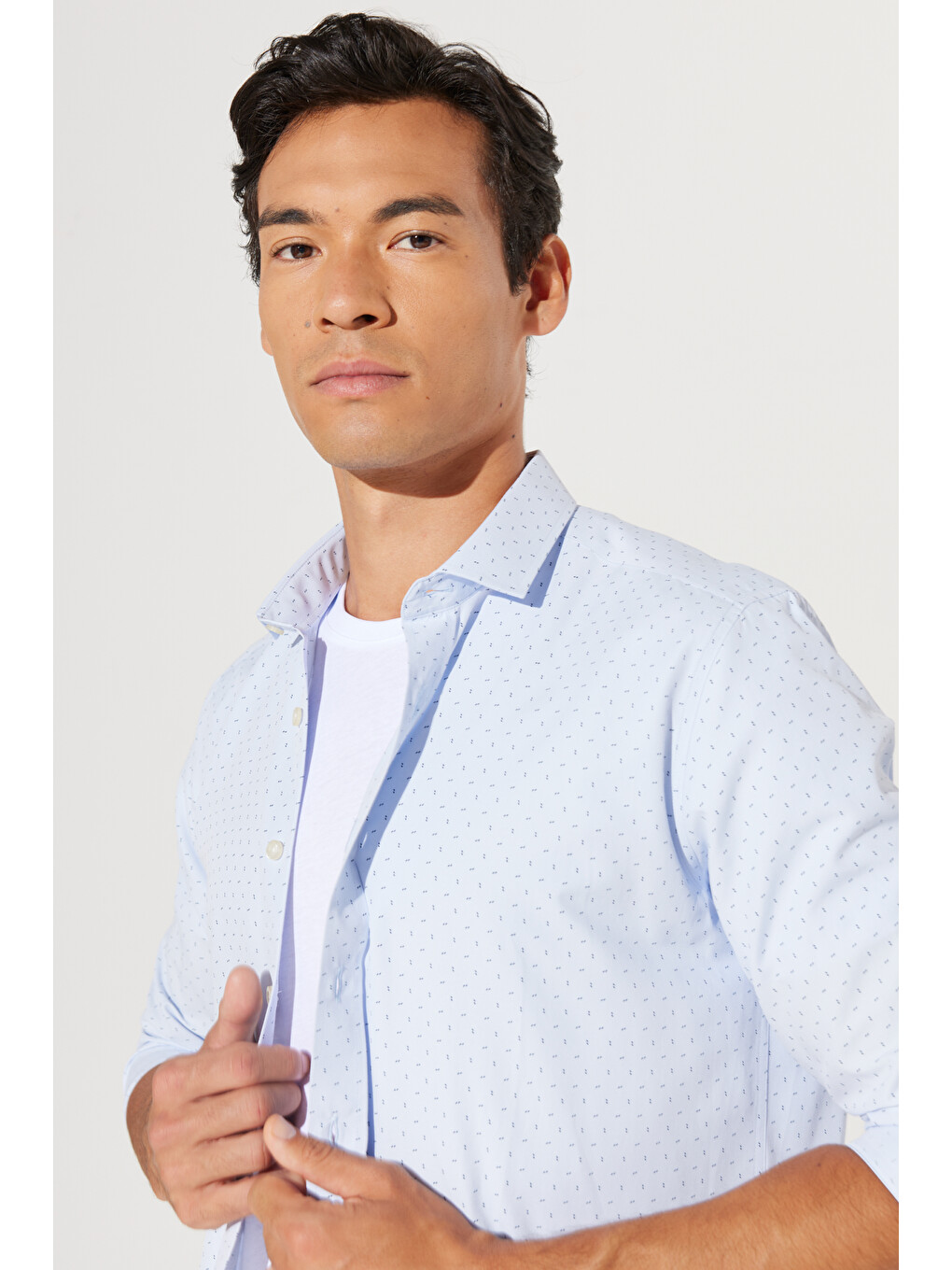Erkek Mavi-lacivert Slim Fit Dar Kesim İtalyan Yaka Baskılı Gömlek-5