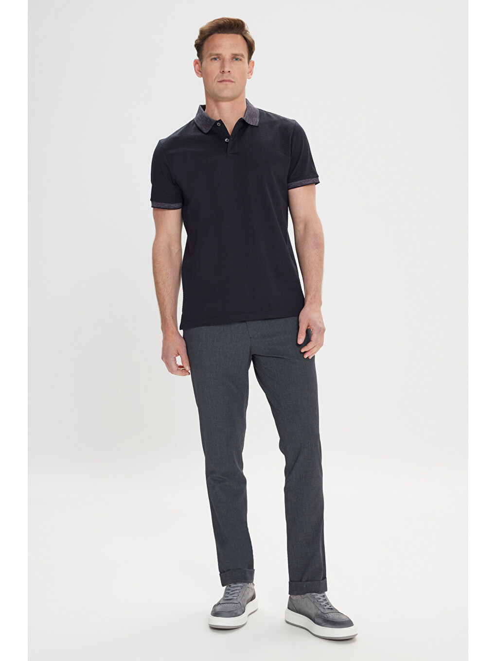 Erkek Siyah-antrasit Slim Fit Dar Kesim %100 Pamuk Jakarlı Polo Yaka Tişört-1