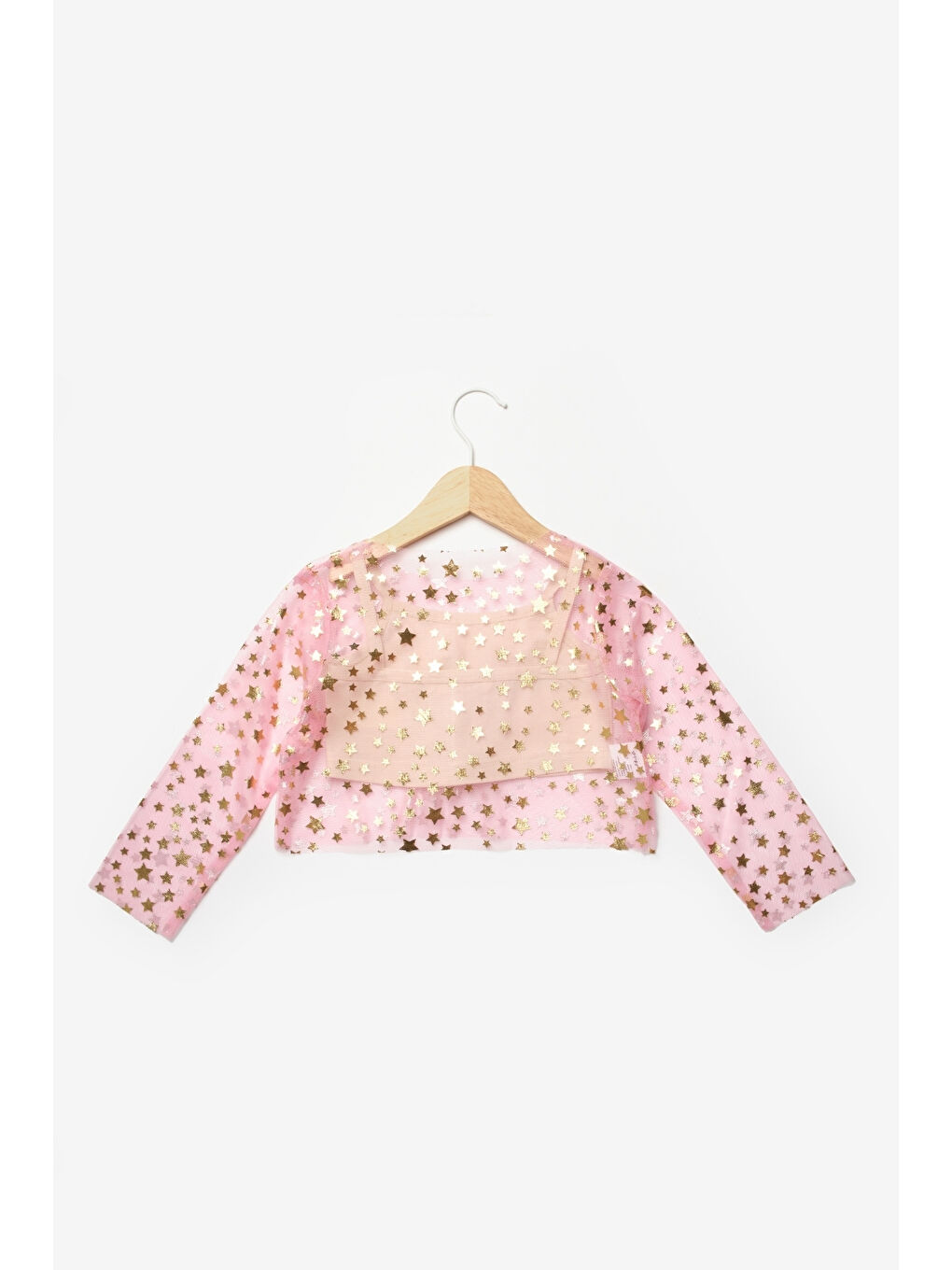 Pembe Uzun Kollu Yıldızlı Kız Çocuk Tül Crop-1