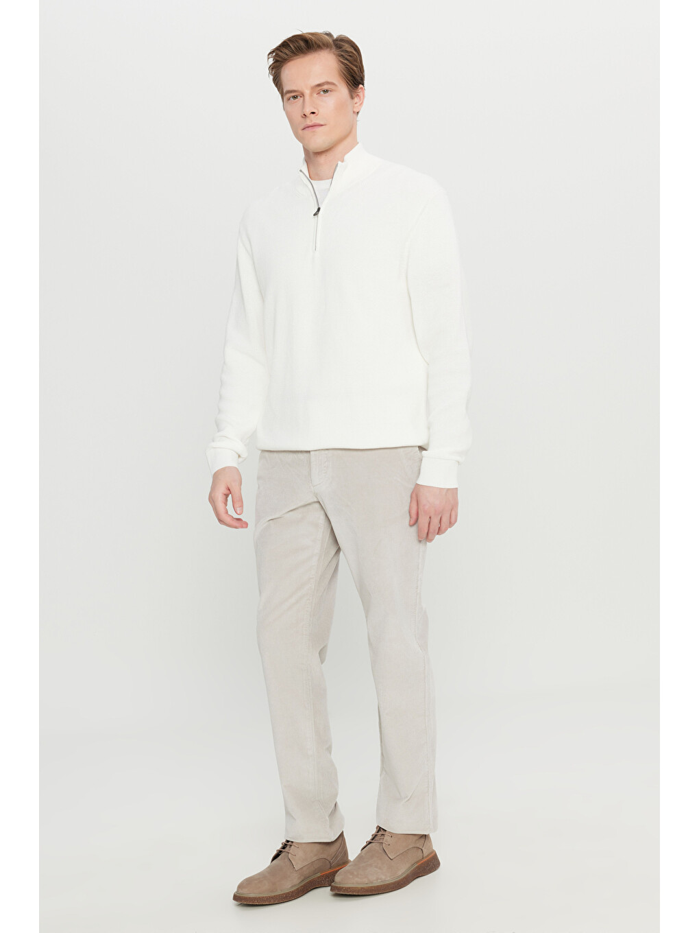 Bej Erkek Taş Pamuklu Slim Fit Dar Kesim Desenli Yan Cepli Pantolon-2