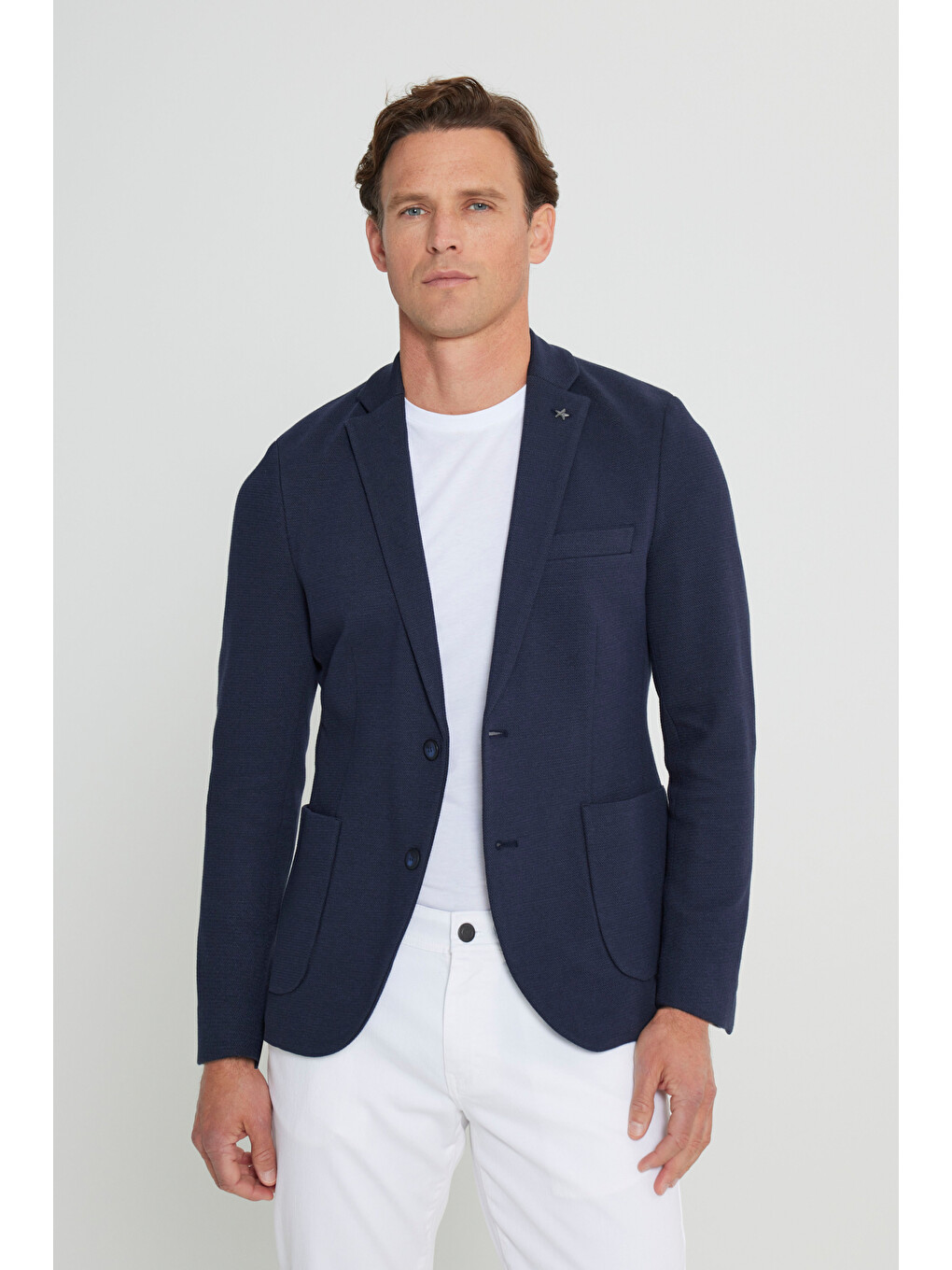 Erkek Lacivert Yünlü  Dar Kesim Mono Yaka Torba Cepli Blazer Ceket