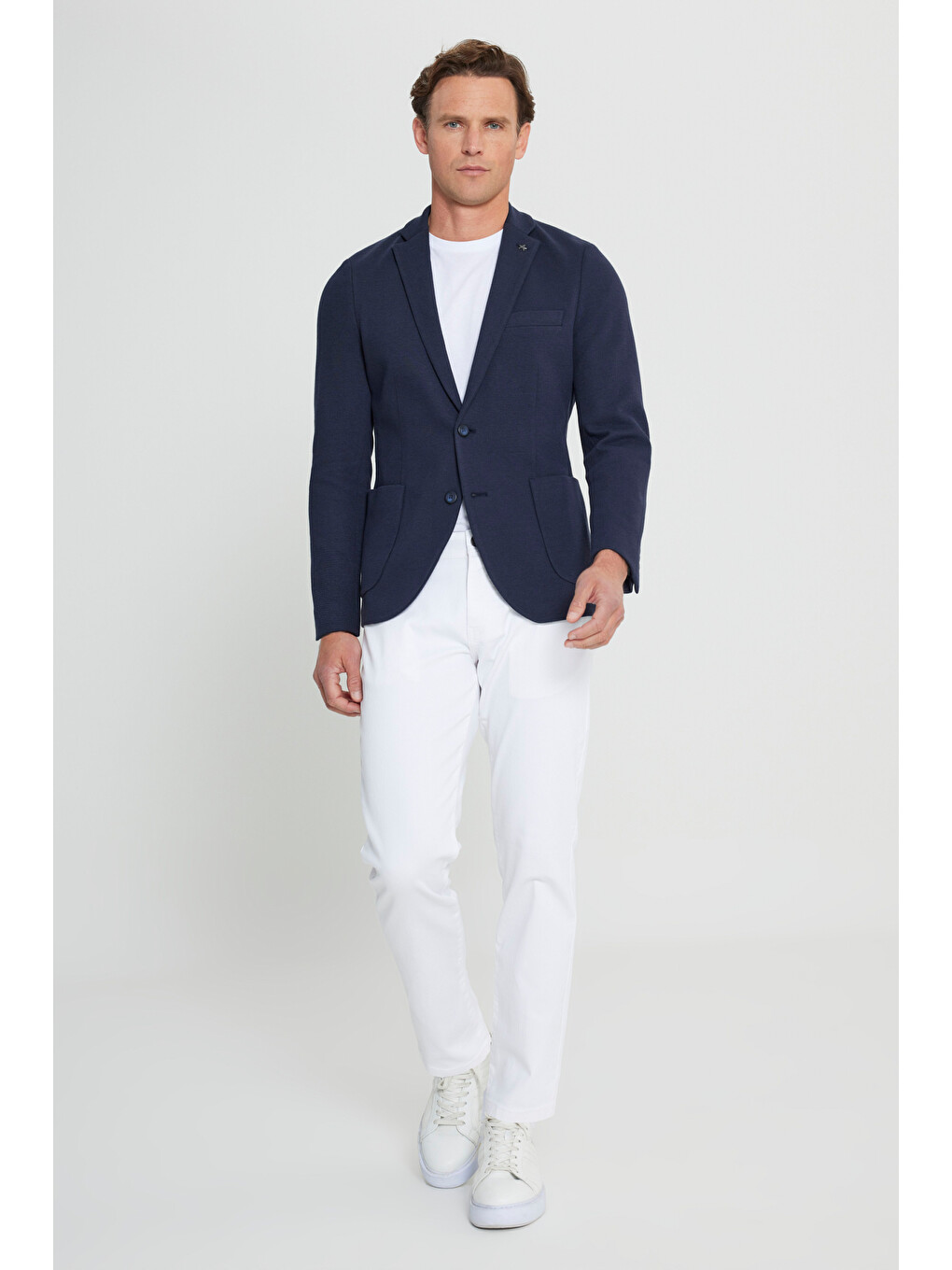 Erkek Lacivert Yünlü  Dar Kesim Mono Yaka Torba Cepli Blazer Ceket-1