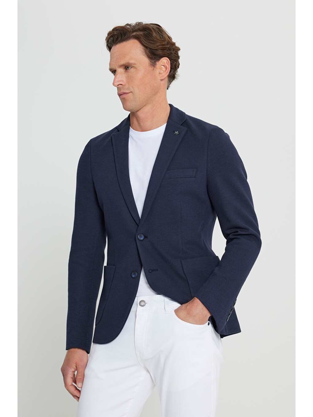 Erkek Lacivert Yünlü  Dar Kesim Mono Yaka Torba Cepli Blazer Ceket-2