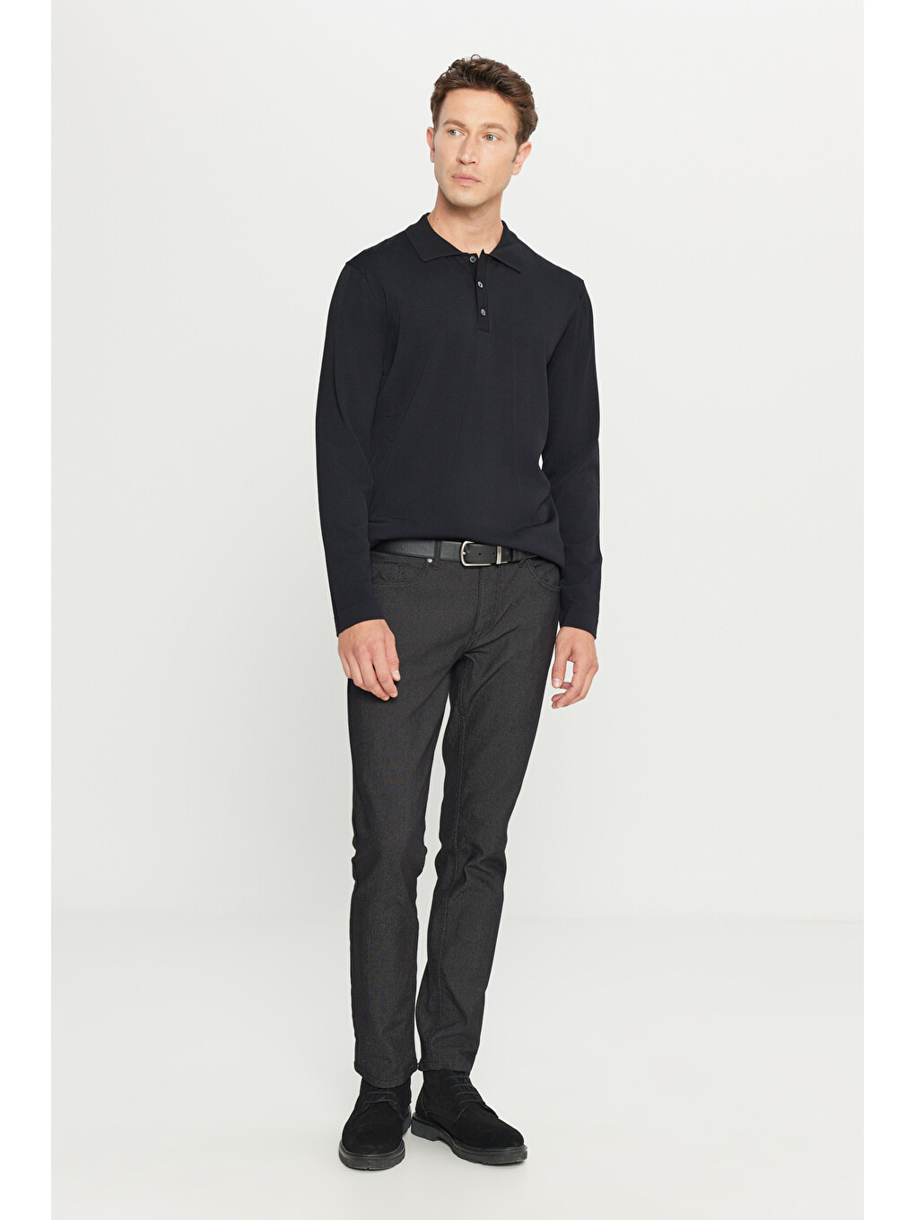 Erkek Siyah Standart Fit Normal Kesim Polo Yaka Basic Triko Kazak-1
