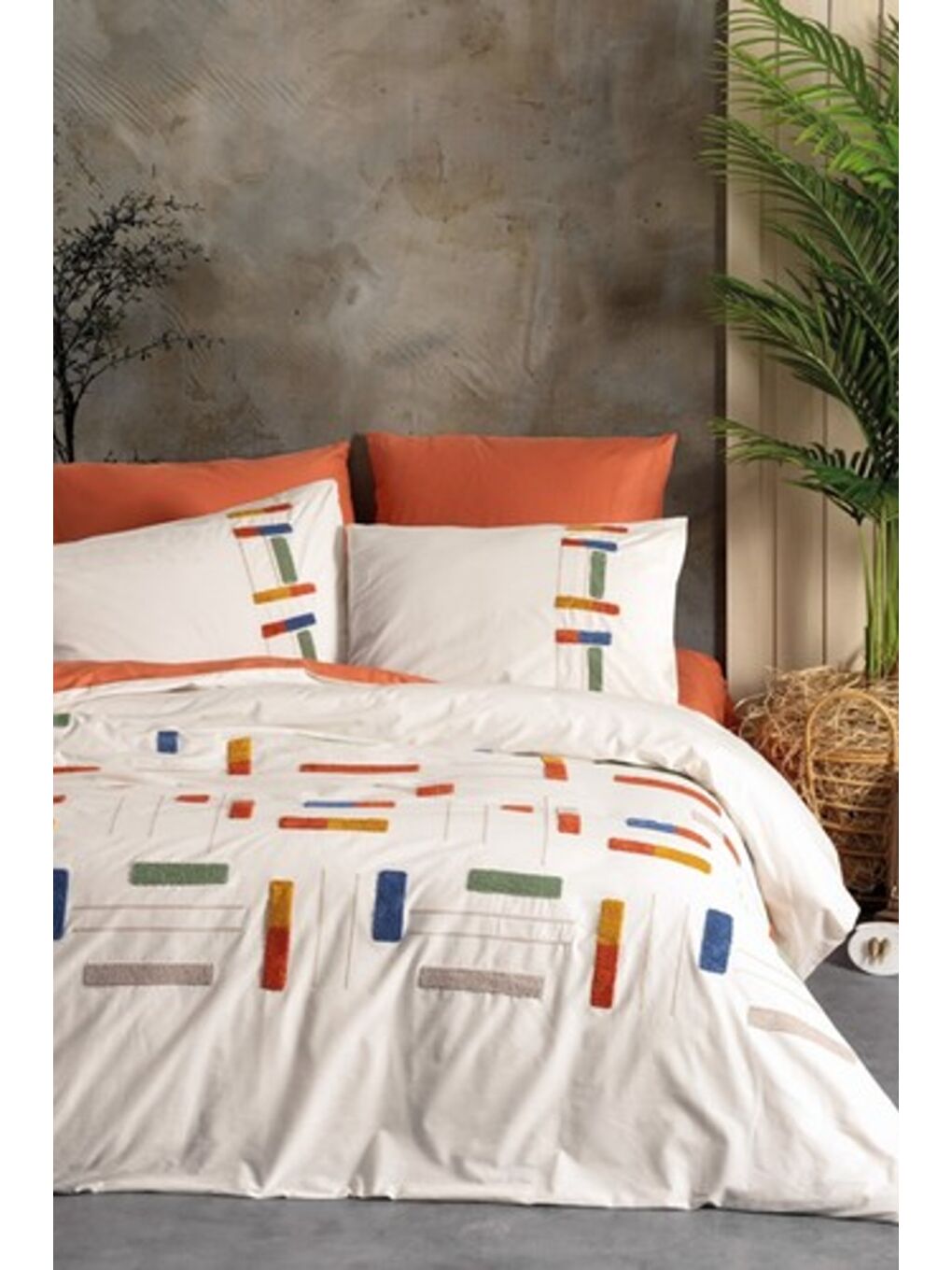 Karışık Pamuk Box Puff Nakışlı Çift Kişilik Nevresim Takımı Katy Tarcin-1