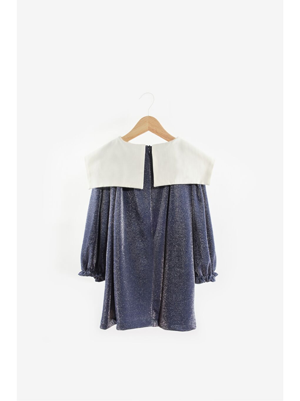 Lacivert Uzun Kollu Yaka Detaylı Simli Kız Çocuk Elbise - Maya-5