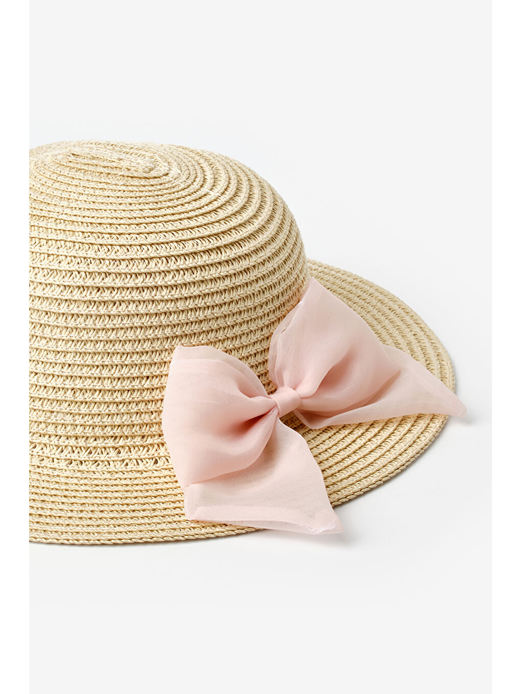 Pembe Pudra Fiyonklu Kız Çocuk Hasır Şapka-1