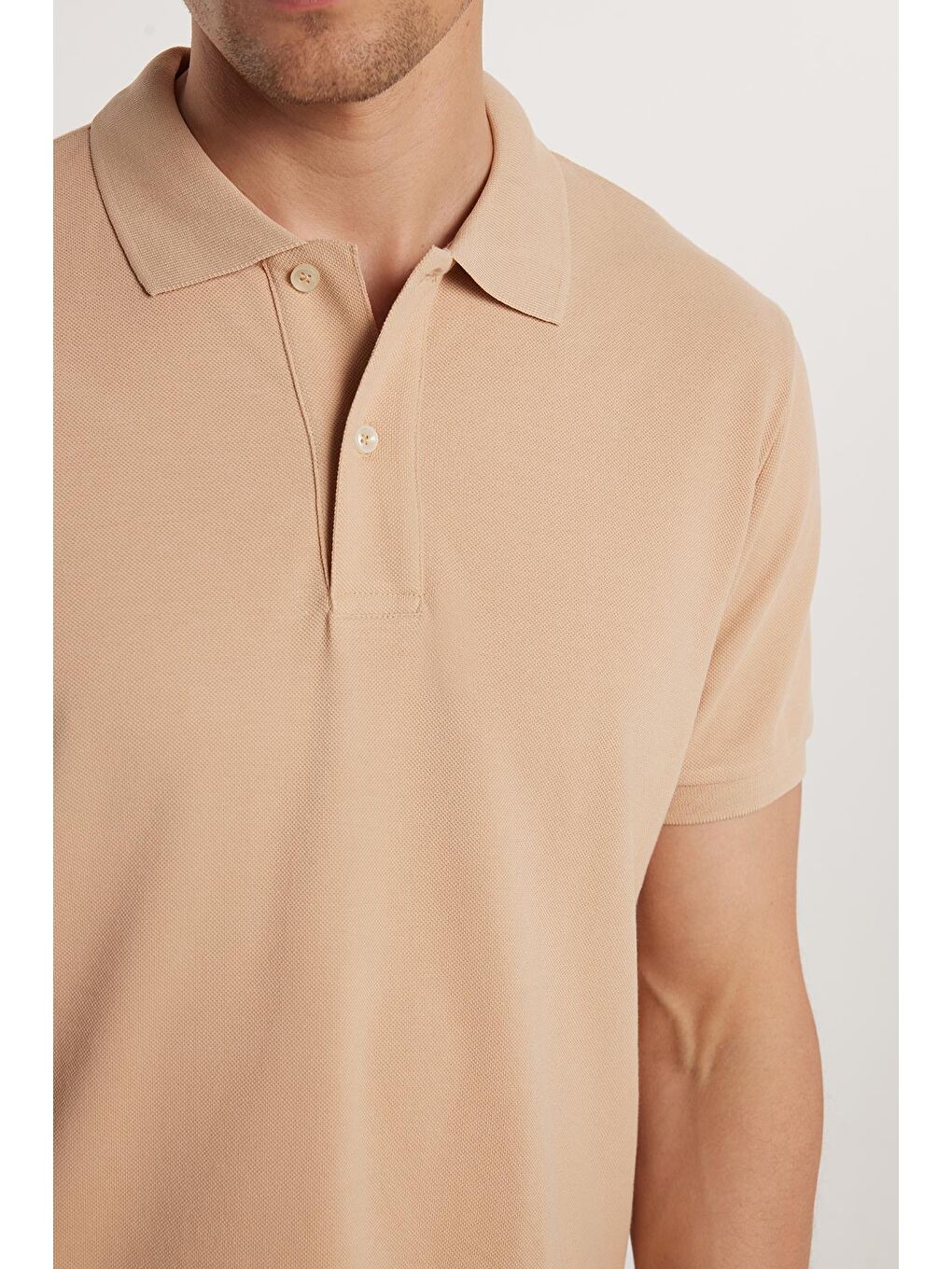Bej Erkek Slim Fit Dar Kesim %100 Pamuk Düz Pike Taş Renk Polo Yaka Tişört-3
