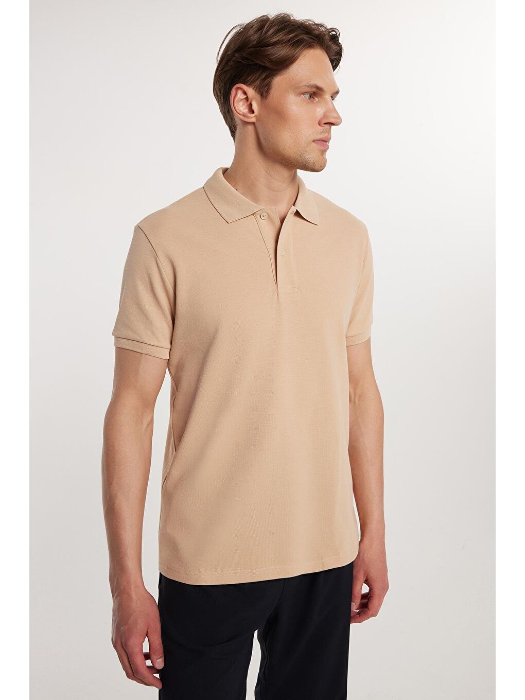 Bej Erkek Slim Fit Dar Kesim %100 Pamuk Düz Pike Taş Renk Polo Yaka Tişört-4