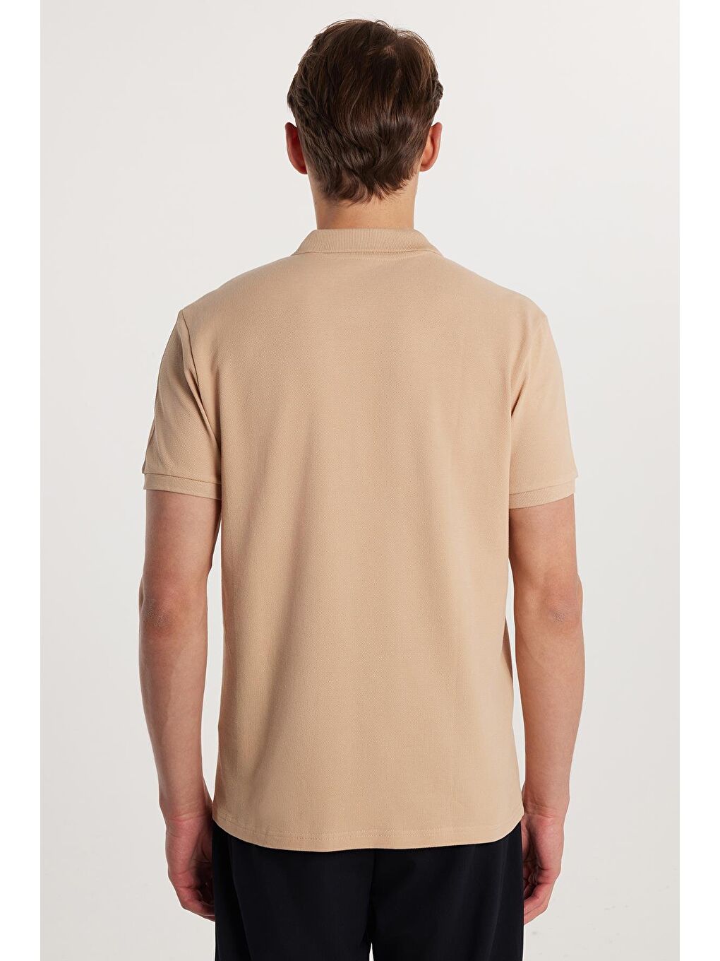 Bej Erkek Slim Fit Dar Kesim %100 Pamuk Düz Pike Taş Renk Polo Yaka Tişört-5