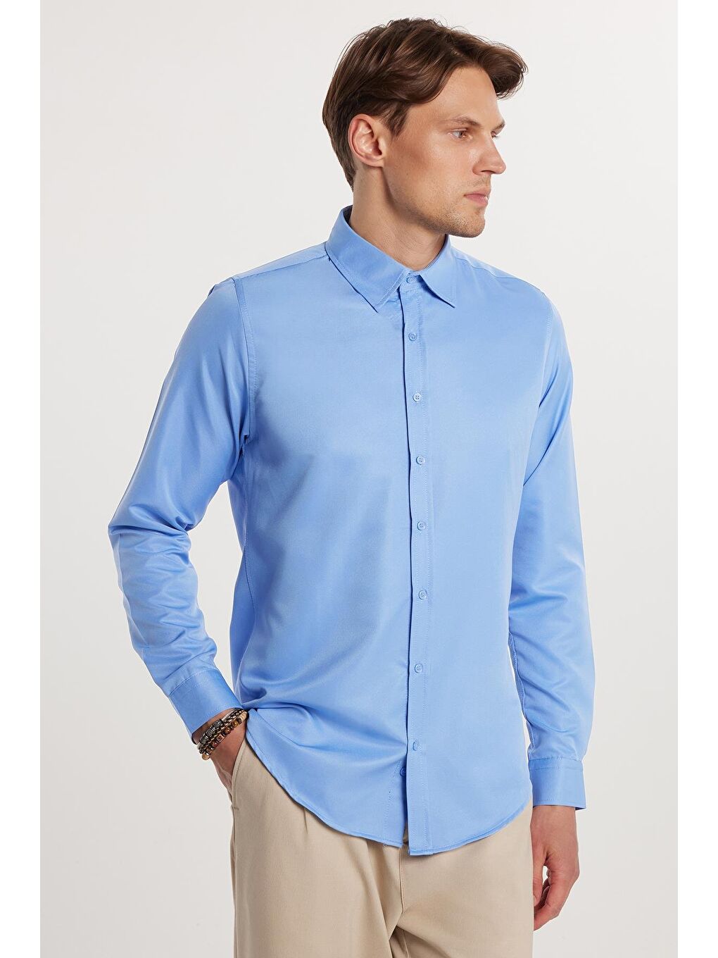 Mavi Slim Fit Kolay Ütülenen Kravatlık Erkek Gömlek-1