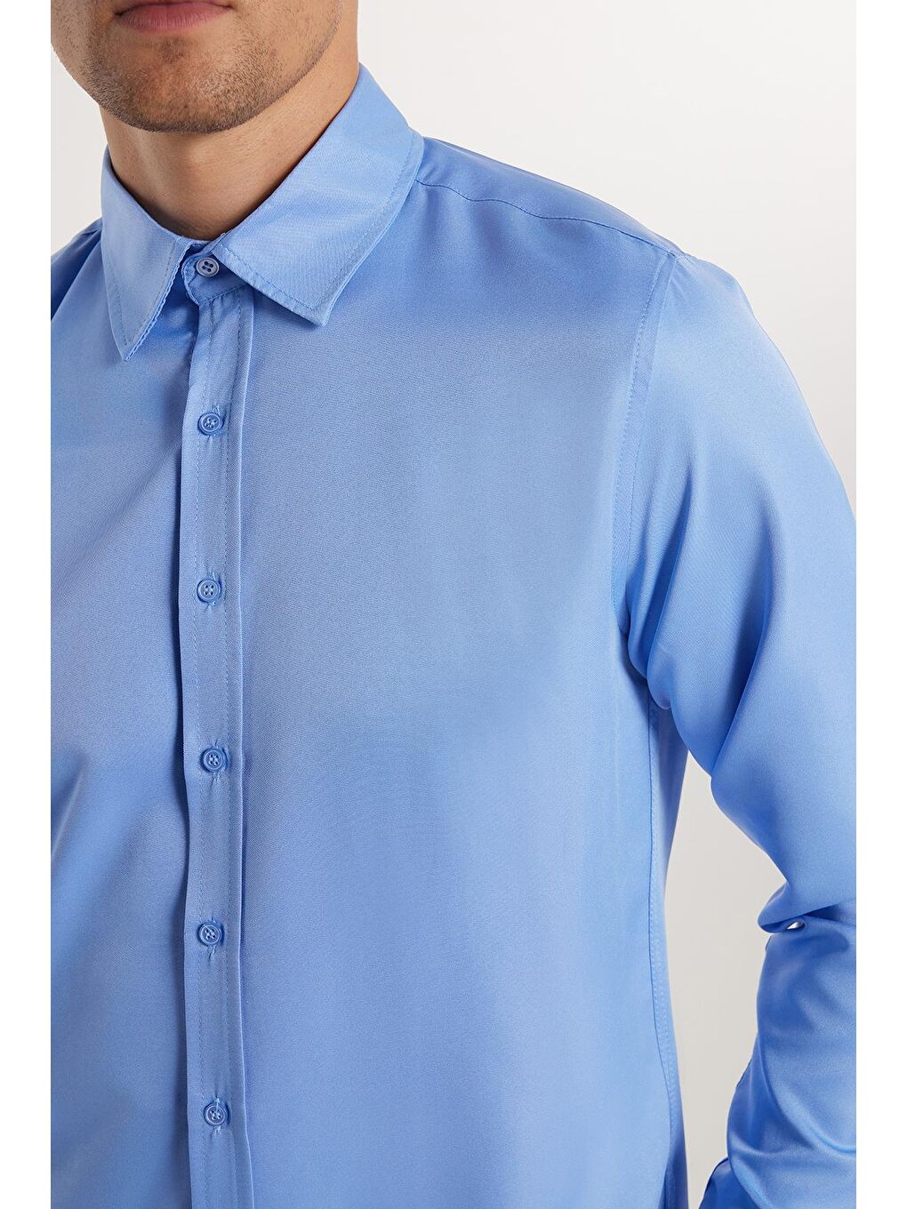 Mavi Slim Fit Kolay Ütülenen Kravatlık Erkek Gömlek-3
