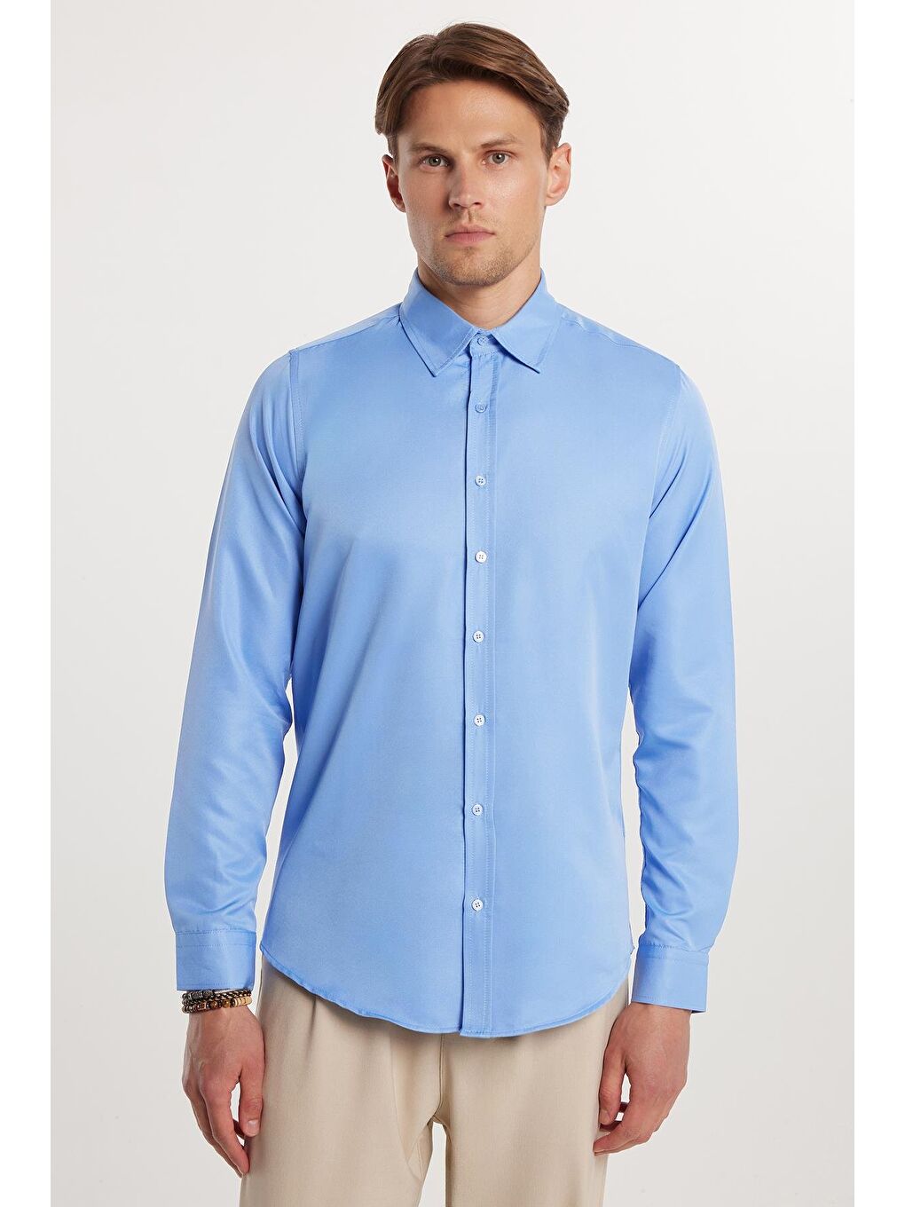 Mavi Slim Fit Kolay Ütülenen Kravatlık Erkek Gömlek