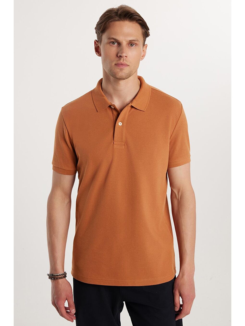 Erkek Slim Fit Dar Kesim %100 Pamuk Düz Pike Kahverengi Polo Yaka Tişört-4